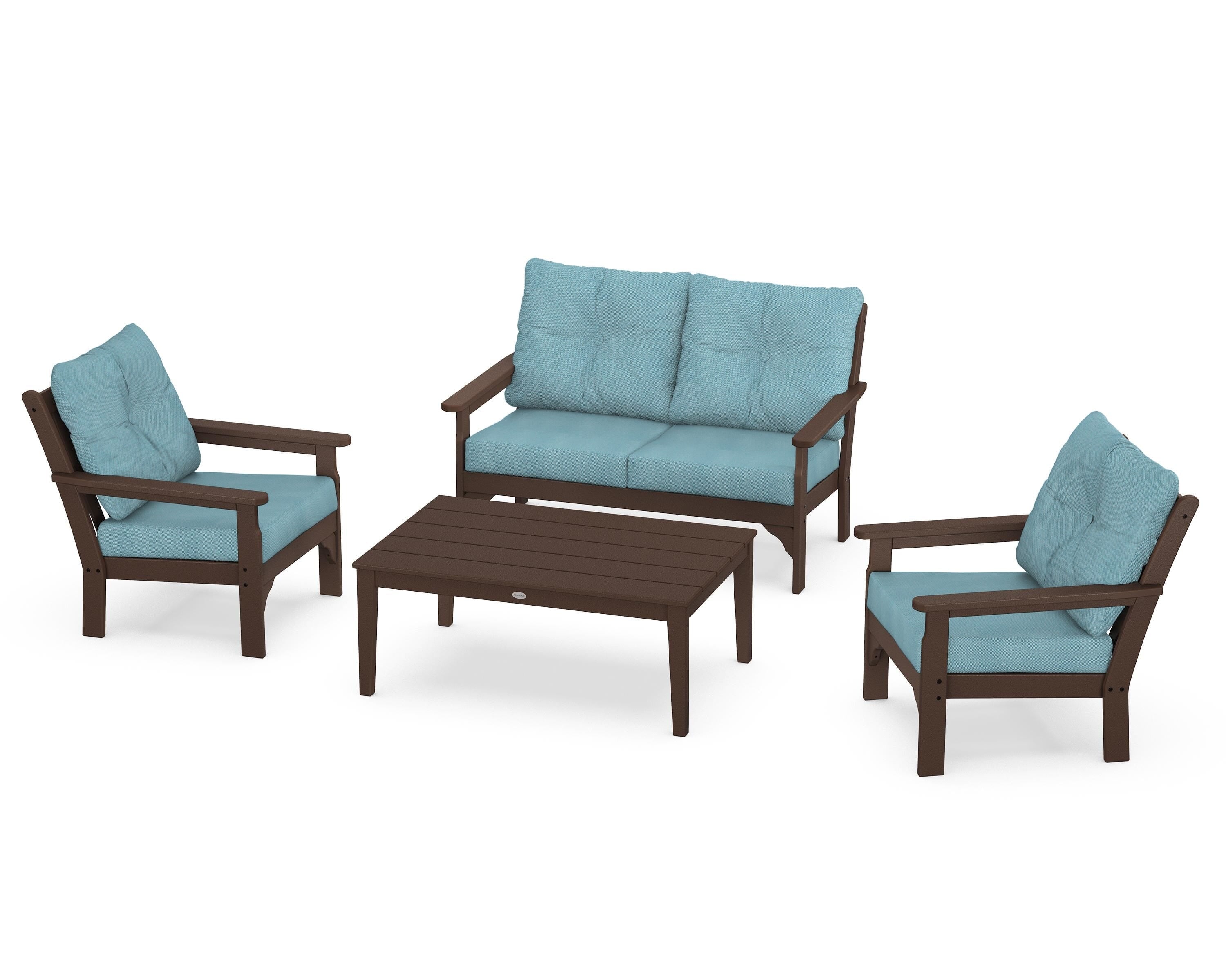 POLYWOOD® Vineyard 4-Piece Deep Seating Set in Mahogany / Lattice Sky Blue