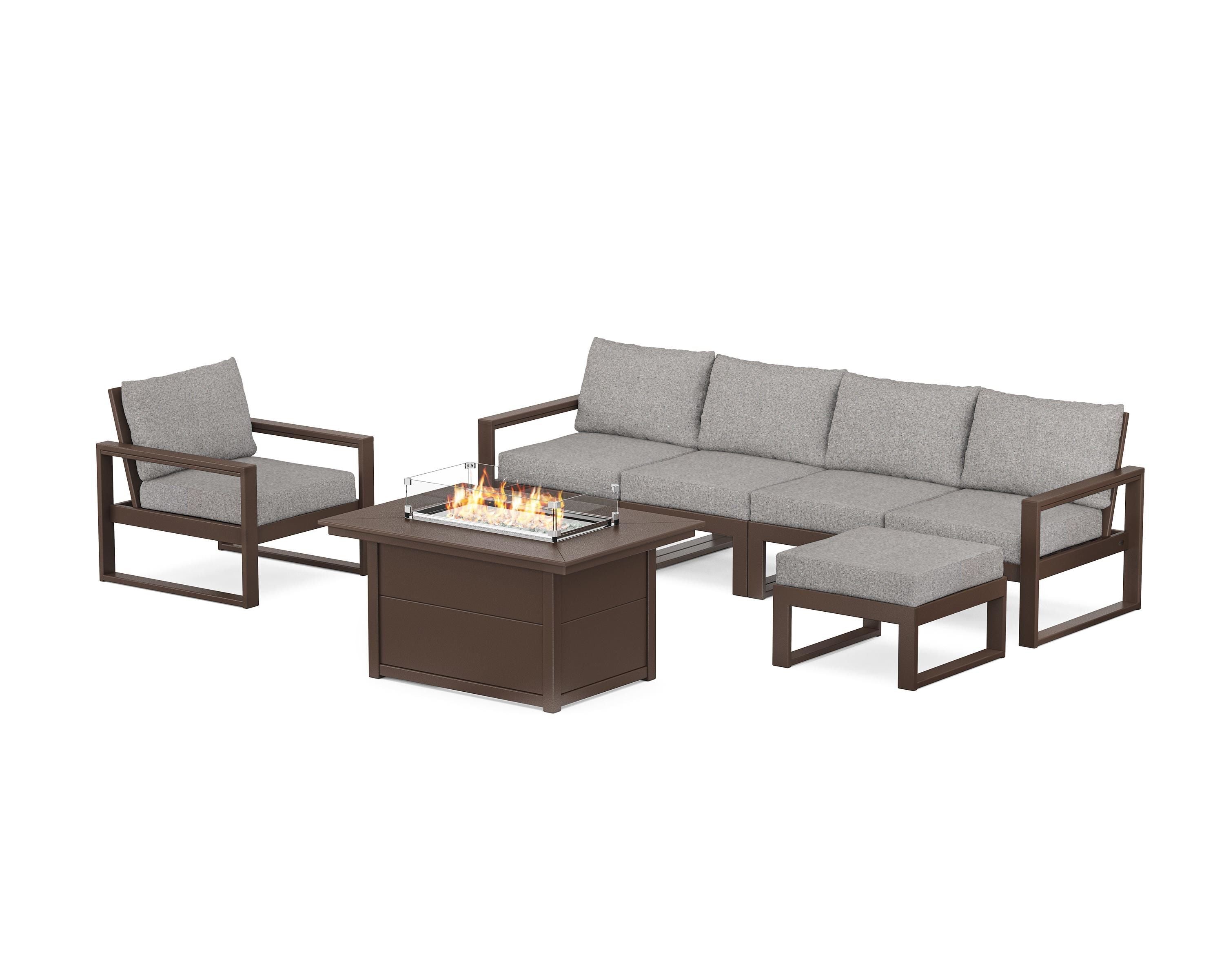 POLYWOOD® EDGE Sectional Lounge and Fire Pit Set in Mahogany / Grey Mist