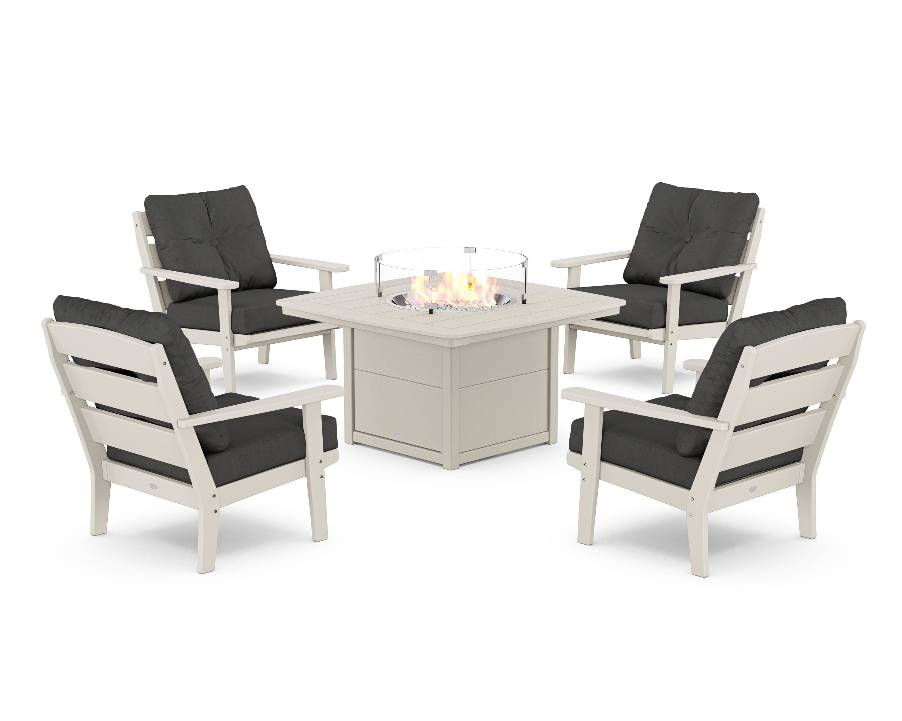 POLYWOOD® Lakeside 5-Piece Deep Seating Set with Nautical Fire Pit Table in Sand / Spectrum Carbon