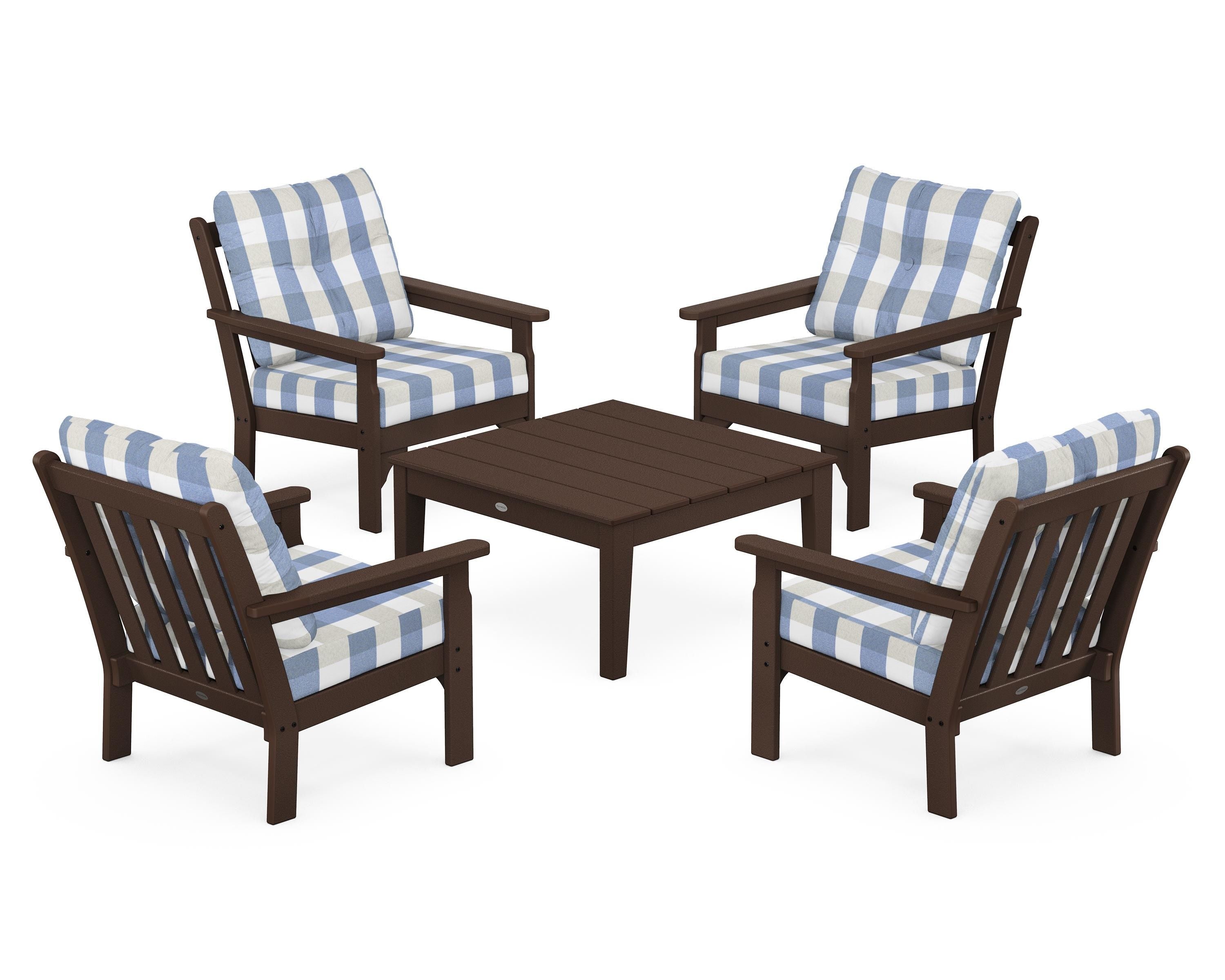 POLYWOOD® Vineyard 5-Piece Deep Seating Conversation Set in Mahogany / Buffalo Plaid Sky Blue