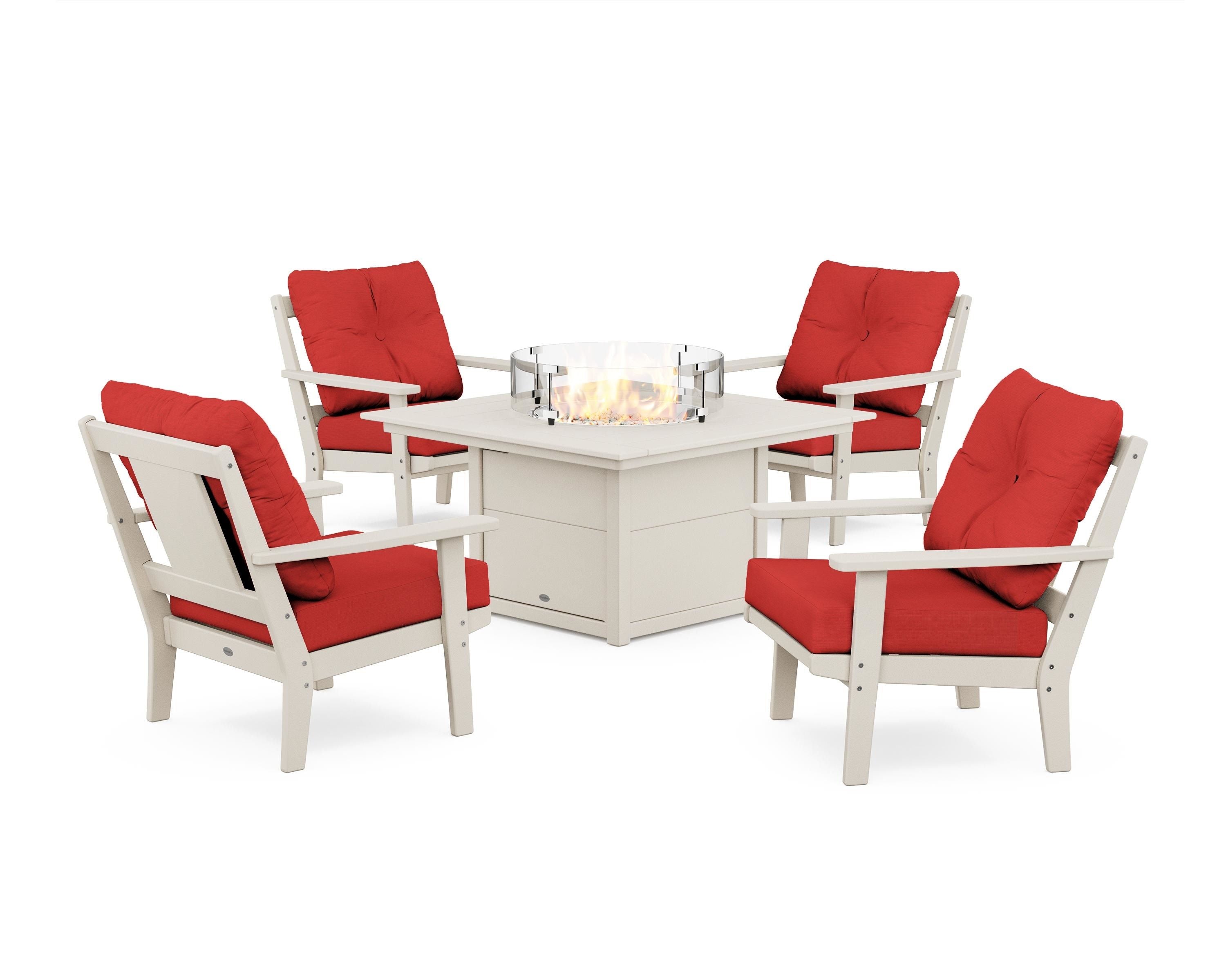 POLYWOOD® Prairie 5-Piece Deep Seating Set with Fire Pit Table in Sand / Crimson Linen