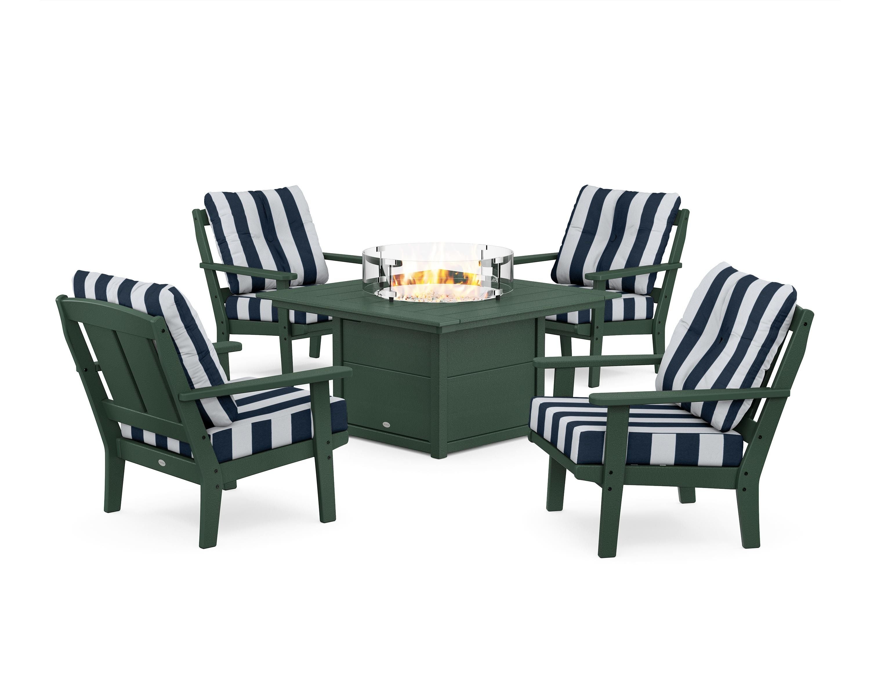 POLYWOOD® Mission 5-Piece Deep Seating Set with Fire Pit Table in Green / Cabana Stripe Marine Indigo
