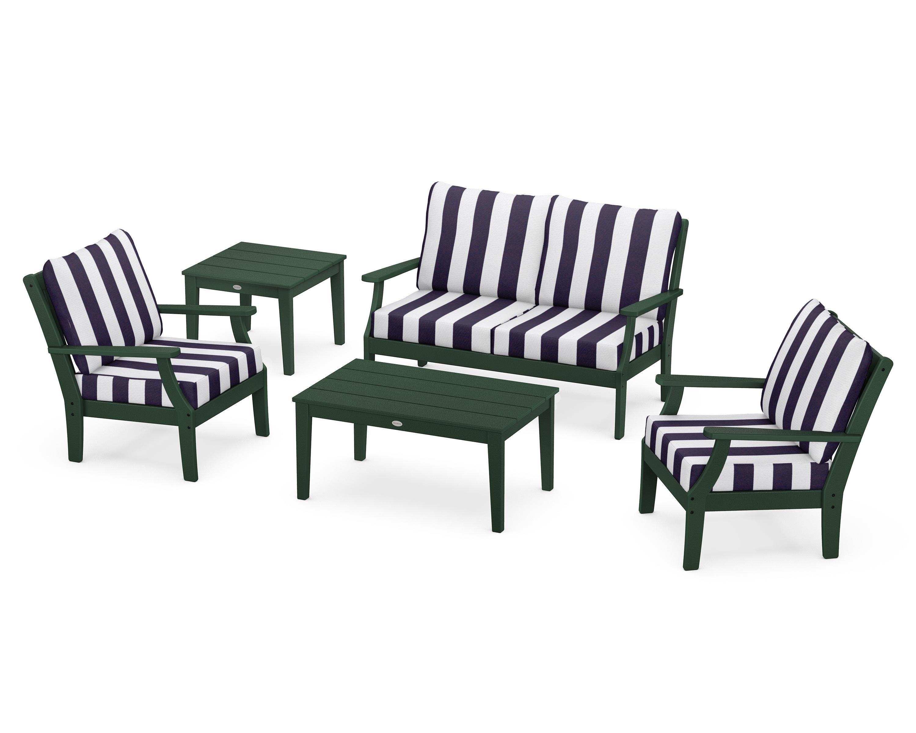 POLYWOOD® Braxton 5-Piece Deep Seating Set in Green / Cabana Stripe Navy