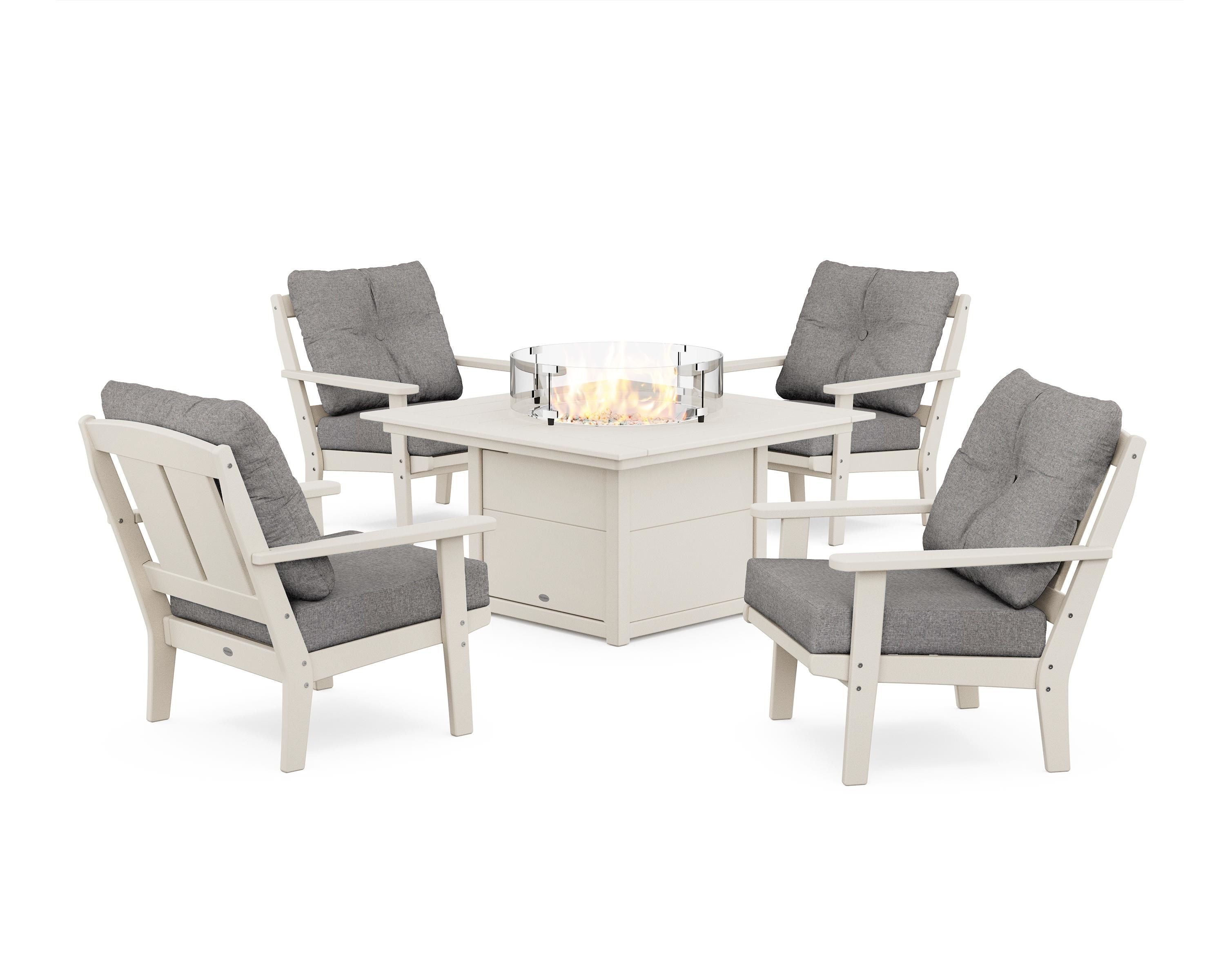 POLYWOOD® Mission 5-Piece Deep Seating Set with Fire Pit Table in Sand / Grey Mist