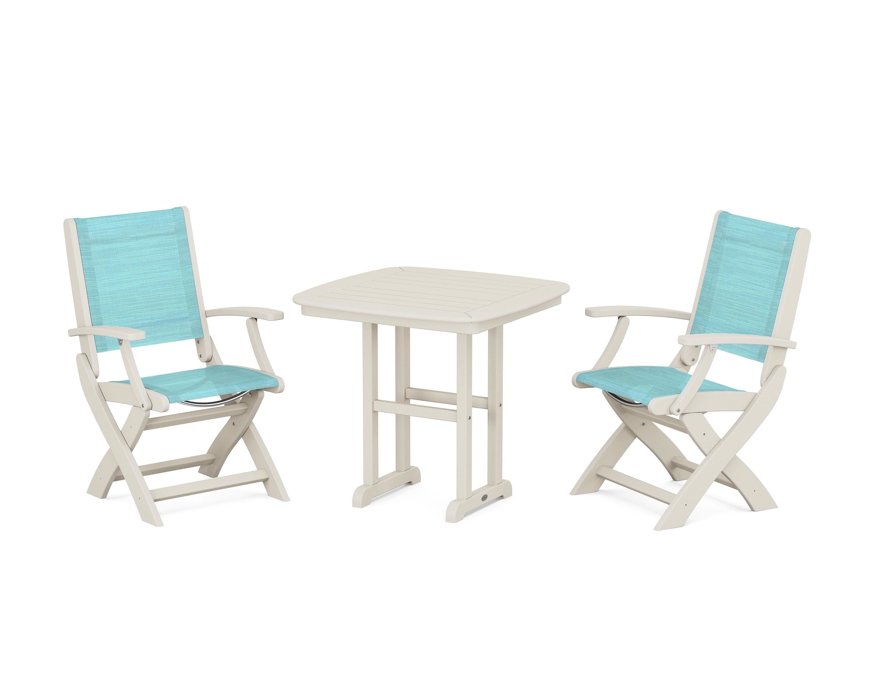 POLYWOOD® Coastal Folding Chair 3-Piece Dining Set in Sand / Dupioni Aquamarine Sling