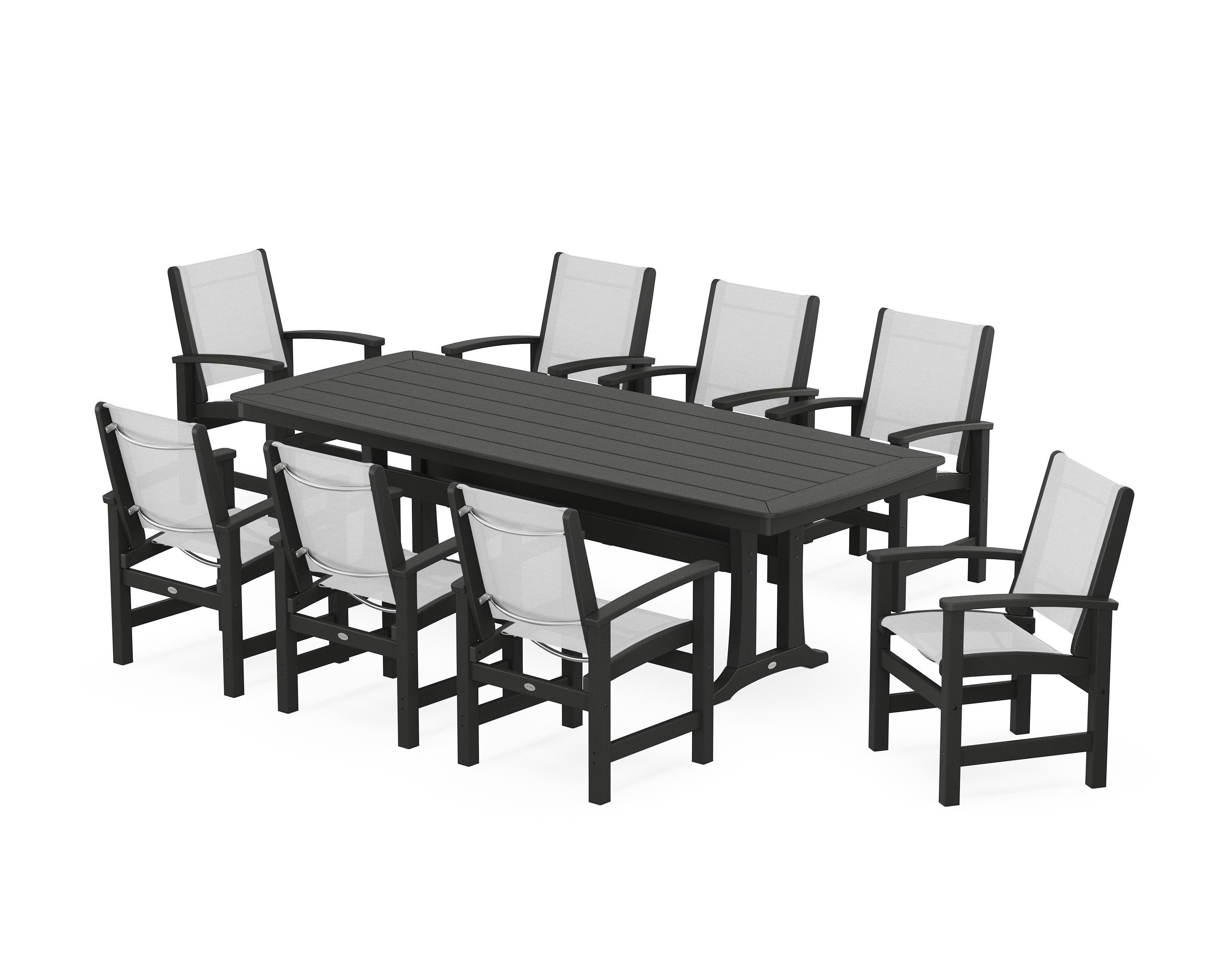 POLYWOOD® Coastal 9-Piece Dining Set with Trestle Legs in Black / White Sling