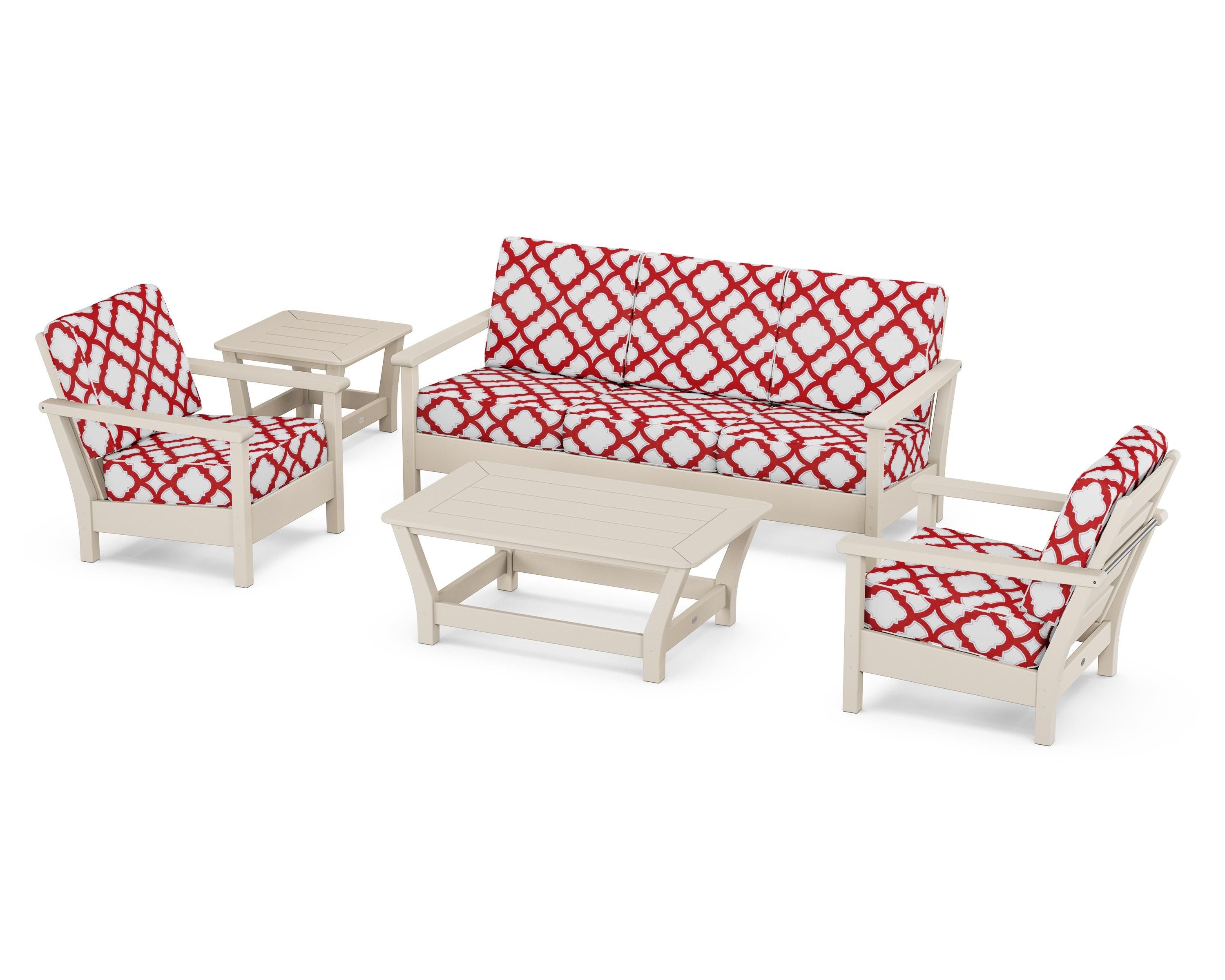 POLYWOOD® Harbour 5-Piece Deep Seating Set in Sand / Trellis Crimson