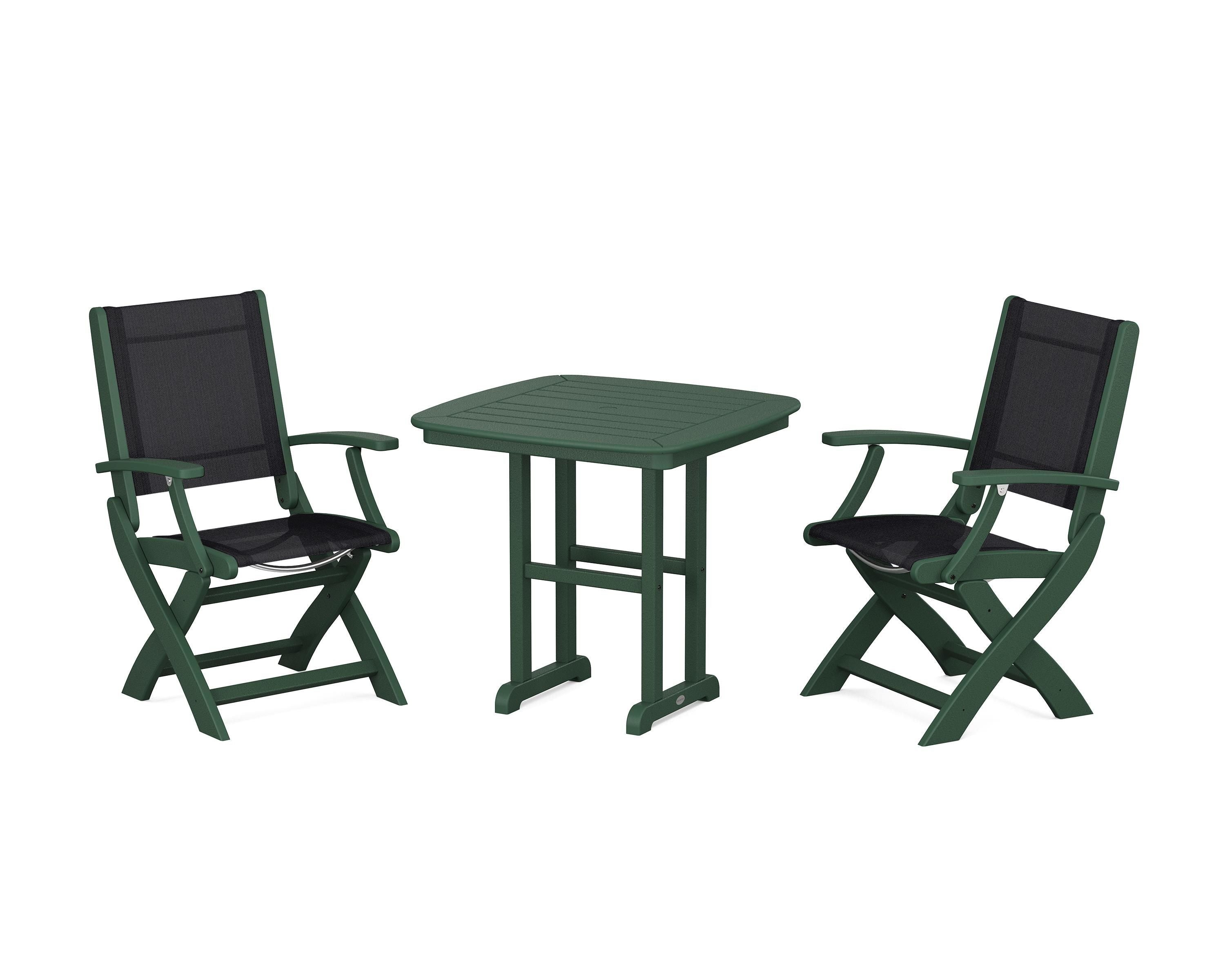 POLYWOOD® Coastal Folding Chair 3-Piece Dining Set in Green / Black Sling