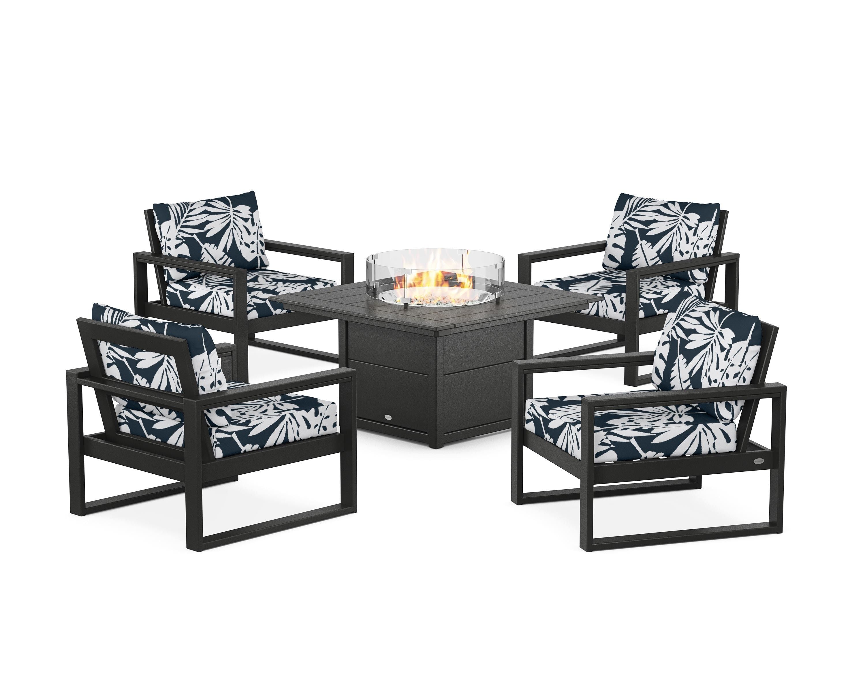 POLYWOOD® EDGE Sectional 5-Piece Deep Seating Set with Fire Pit Table in Black / Leaf Marine Indigo