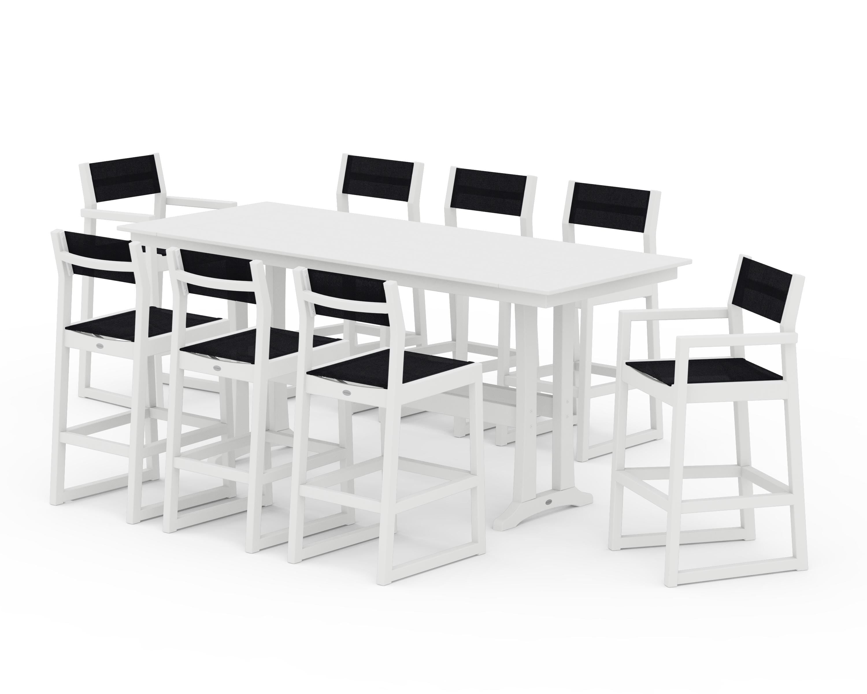 POLYWOOD® EDGE Sling 9-Piece Farmhouse Bar Set with Trestle Legs in White / Black Sling
