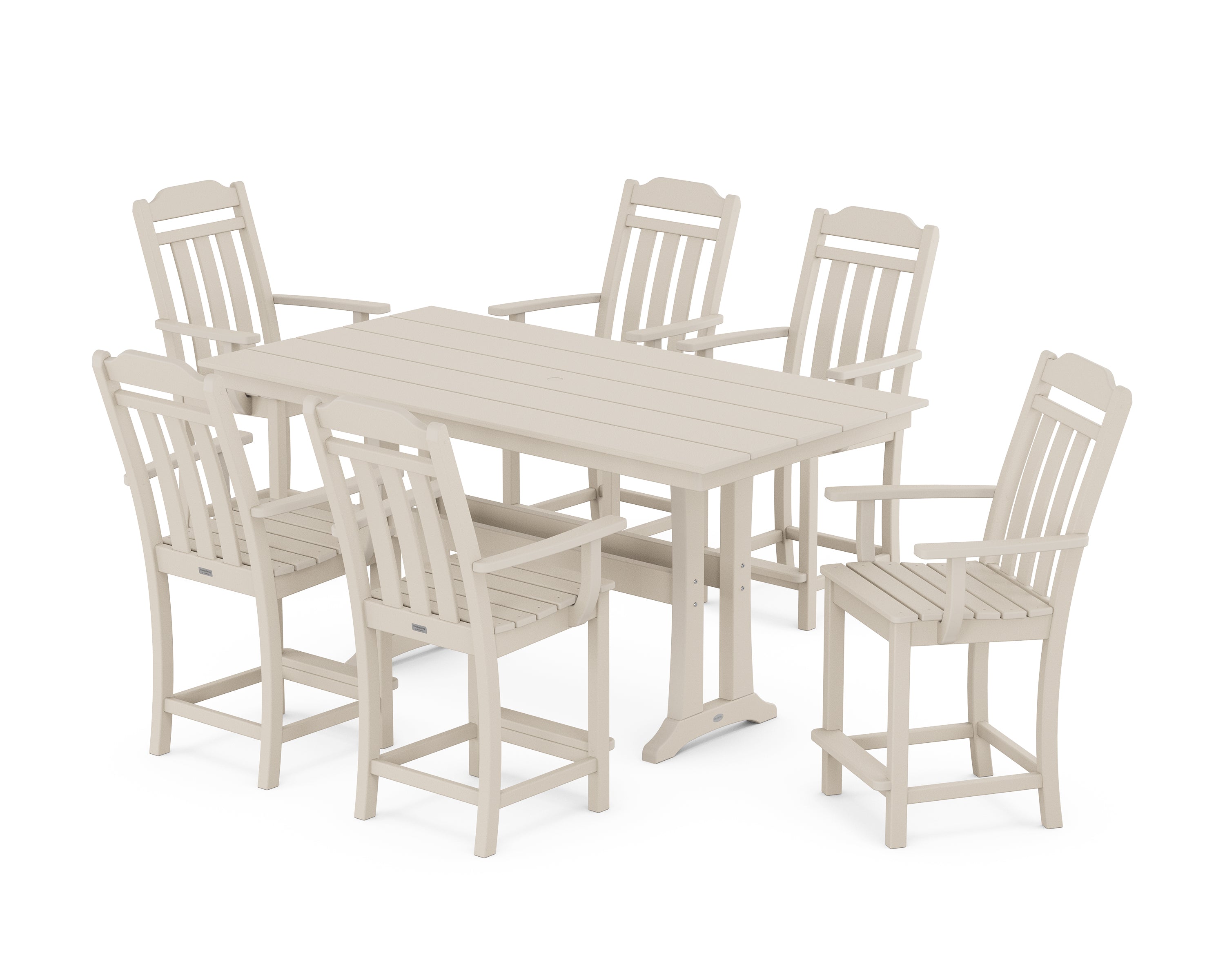 Country Living Cottage Arm Chair 7-Piece Farmhouse Counter Set with Trestle Legs in Sand