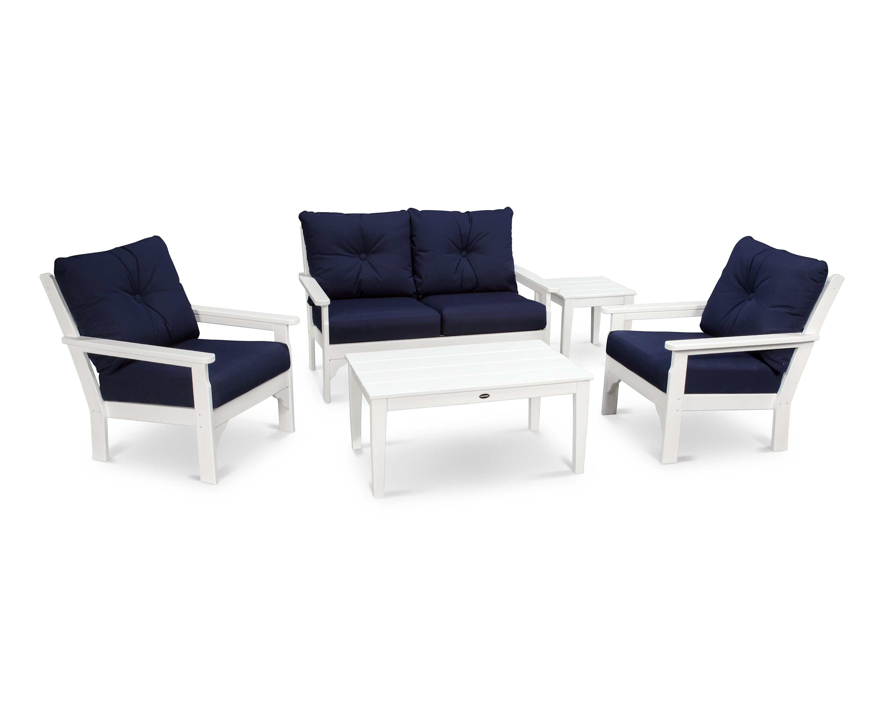 POLYWOOD® Vineyard 5-Piece Deep Seating Set in White / Navy