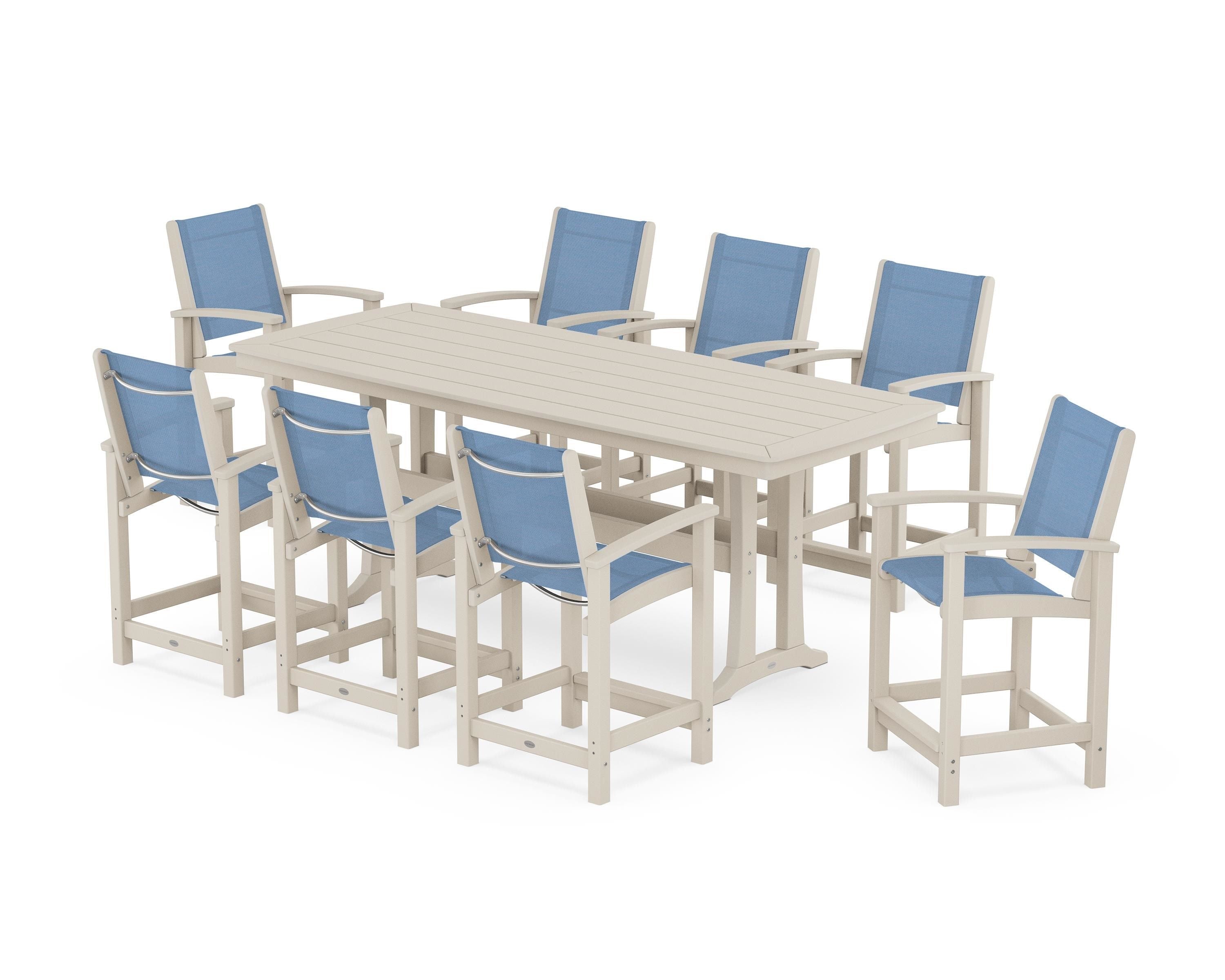 POLYWOOD® Coastal 9-Piece Counter Set with Trestle Legs in Sand / Poolside Sling