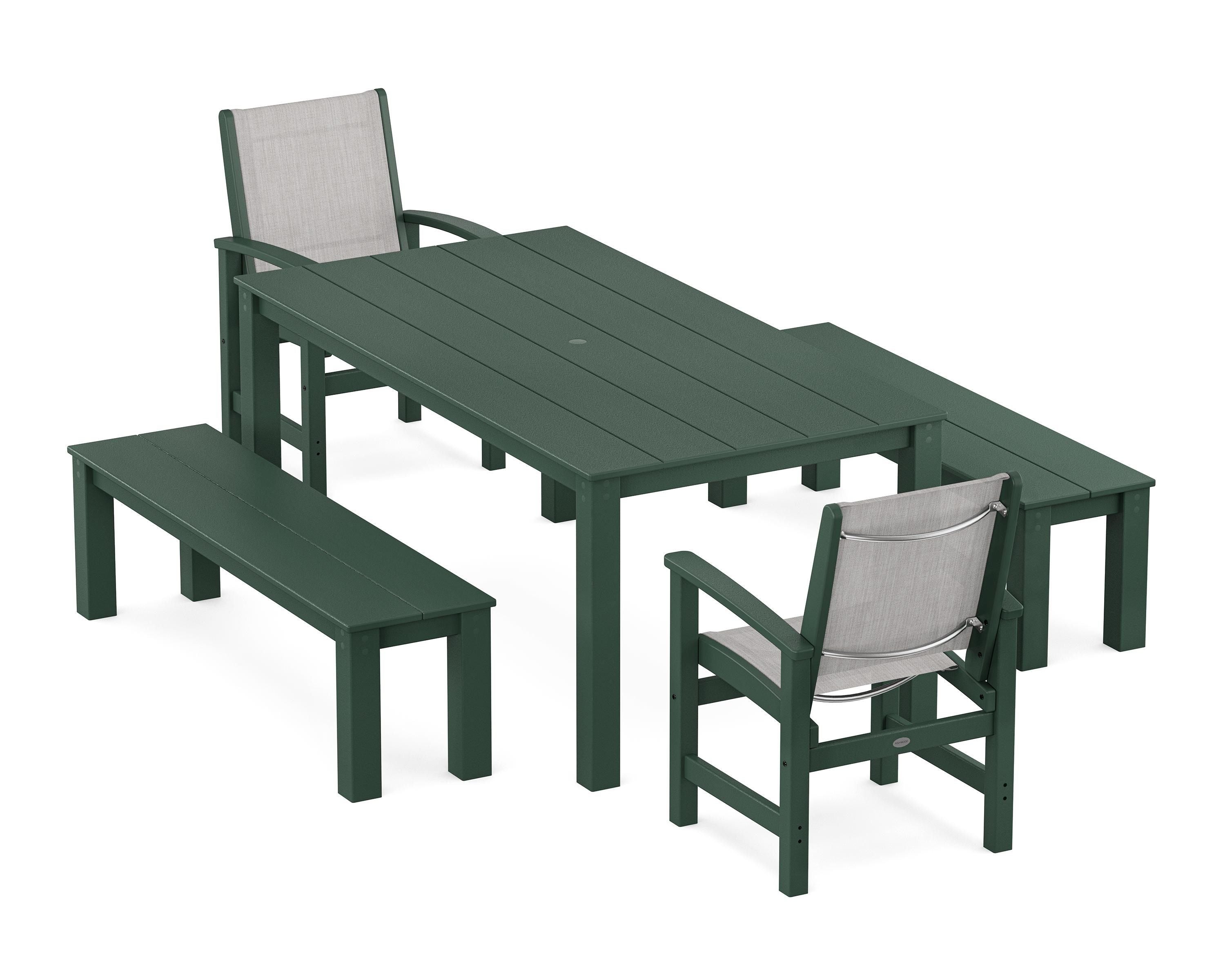 POLYWOOD® Coastal 5-Piece Parsons Dining Set with Benches in Green / Parchment Sling
