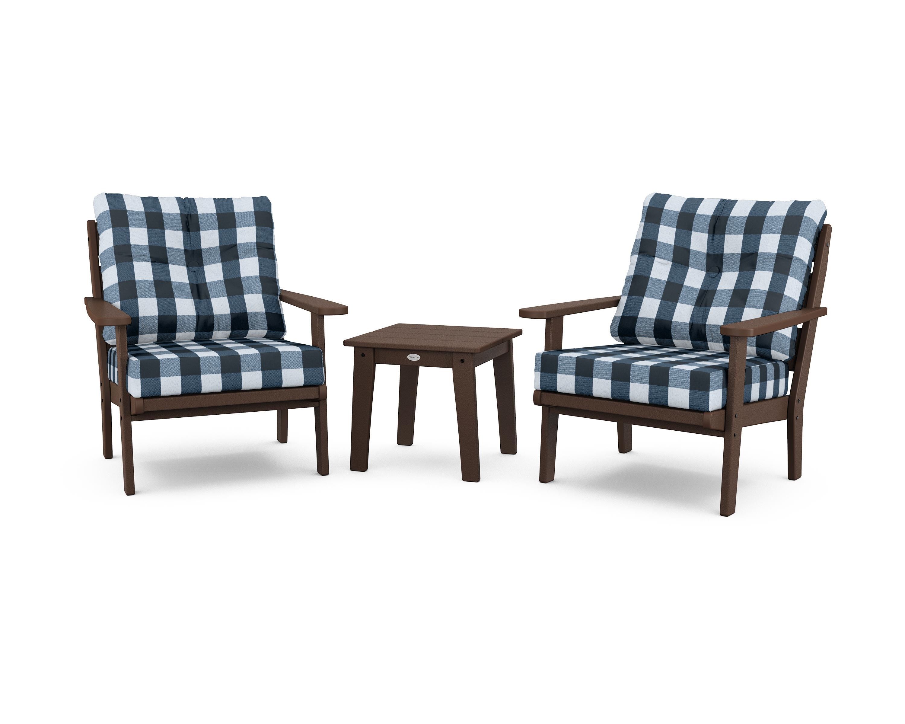 POLYWOOD® Lakeside 3-Piece Deep Seating Chair Set in Mahogany / Buffalo Plaid Marine Indigo