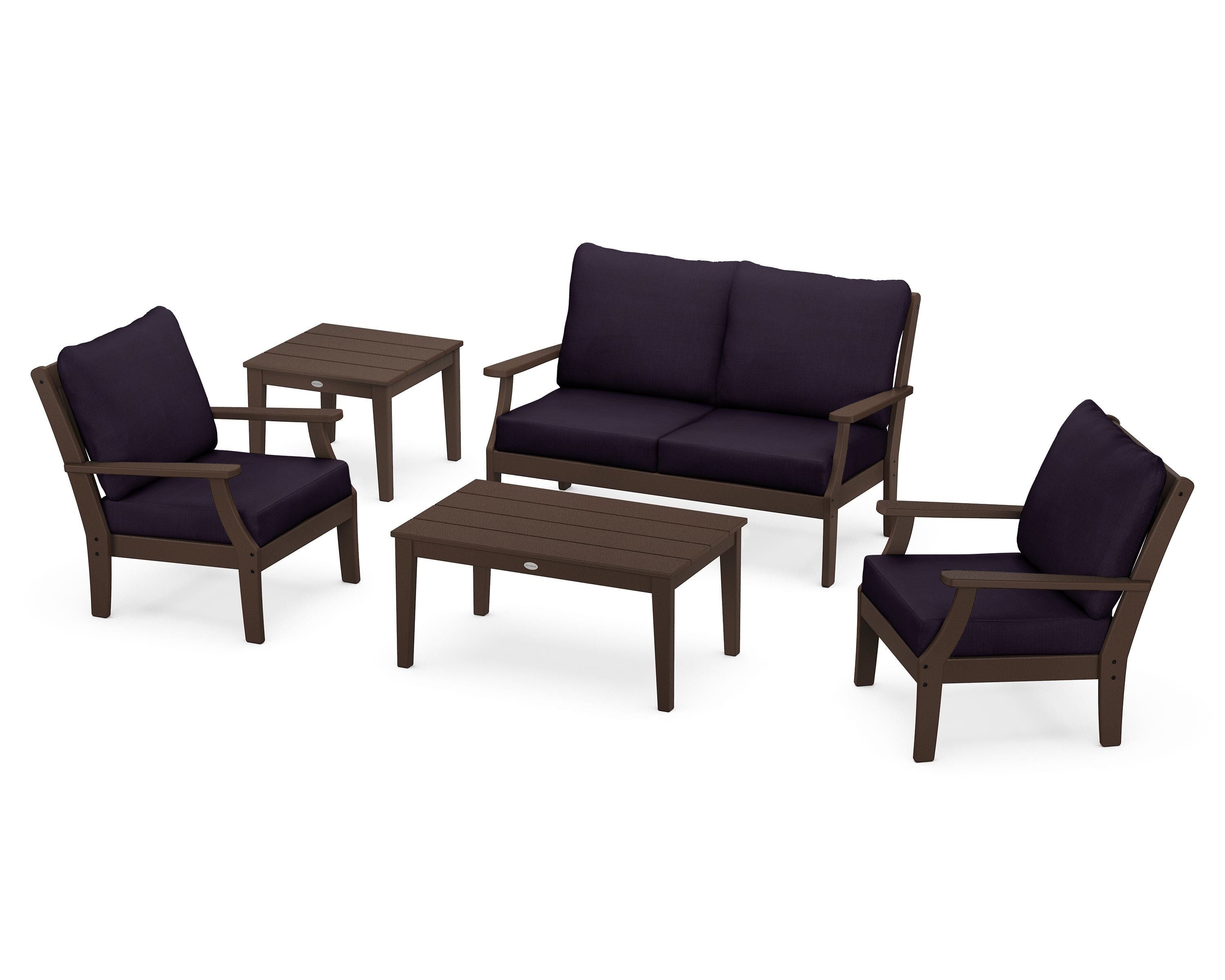 POLYWOOD® Braxton 5-Piece Deep Seating Set in Mahogany / Navy Linen