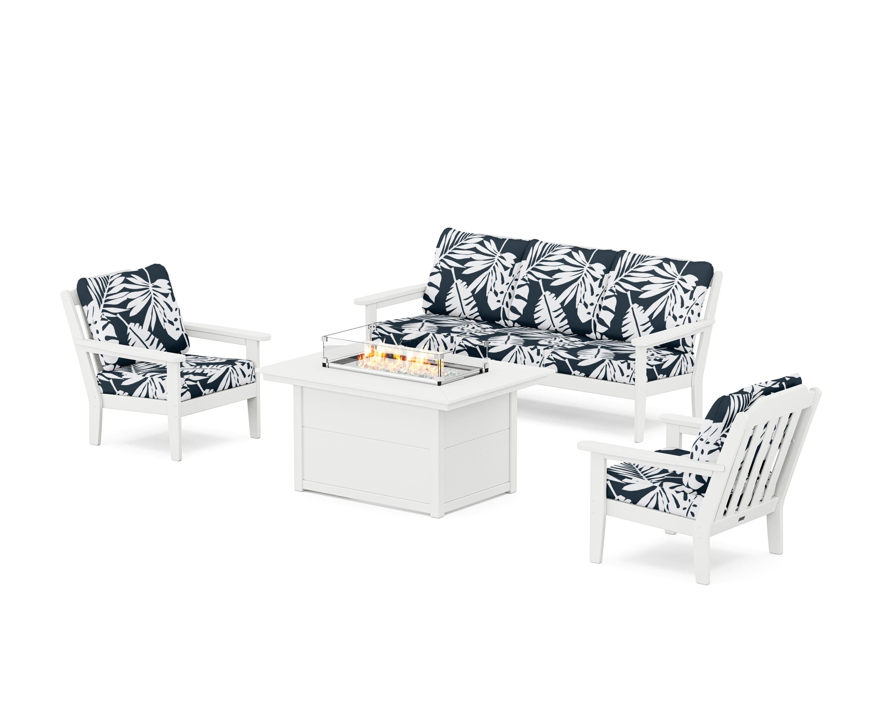 Country Living Cottage Deep Seating Fire Pit Table Set in White / Leaf Marine Indigo