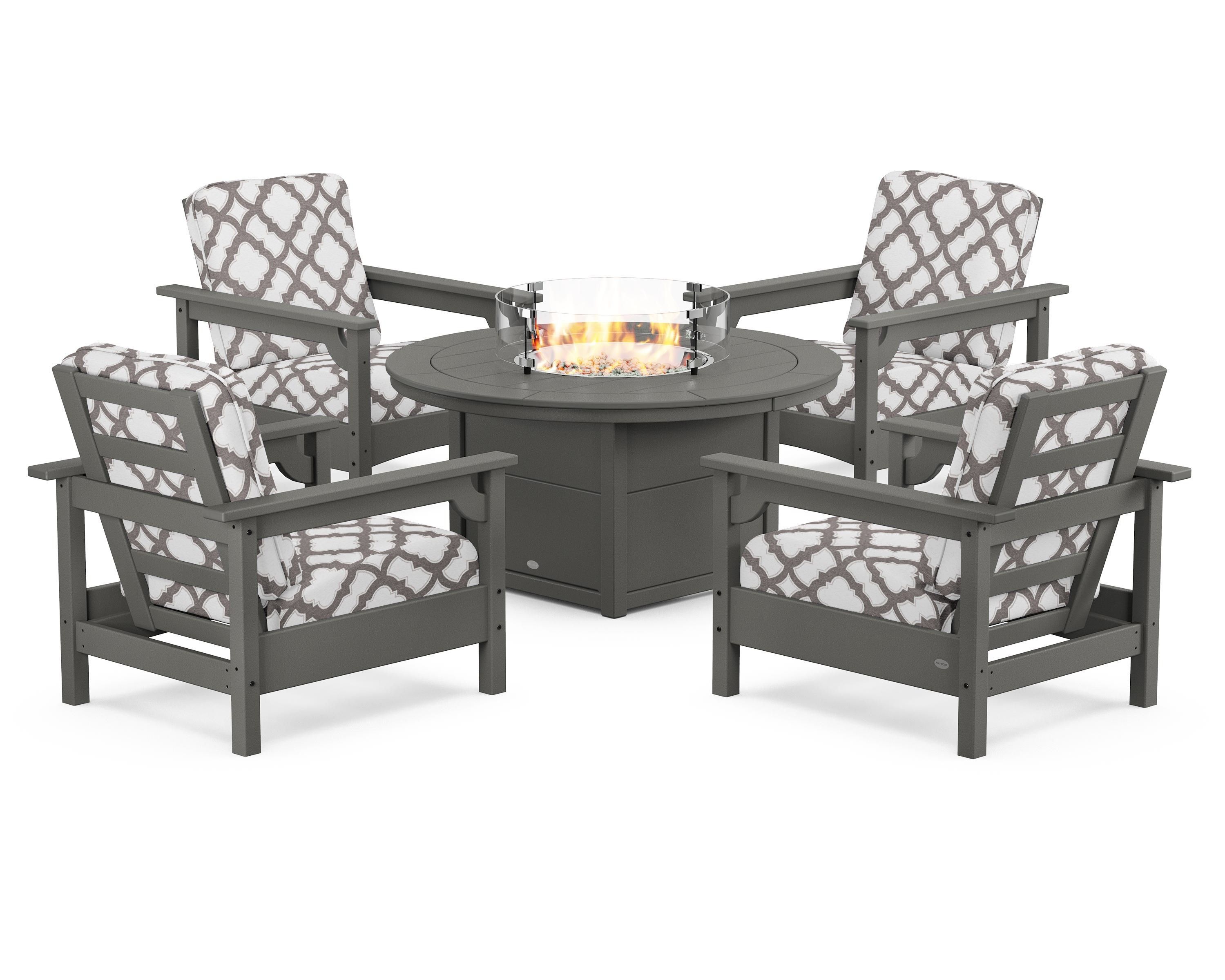 POLYWOOD® Club 5-Piece Conversation Set with Fire Pit Table in Slate Grey / Trellis Grey Mist
