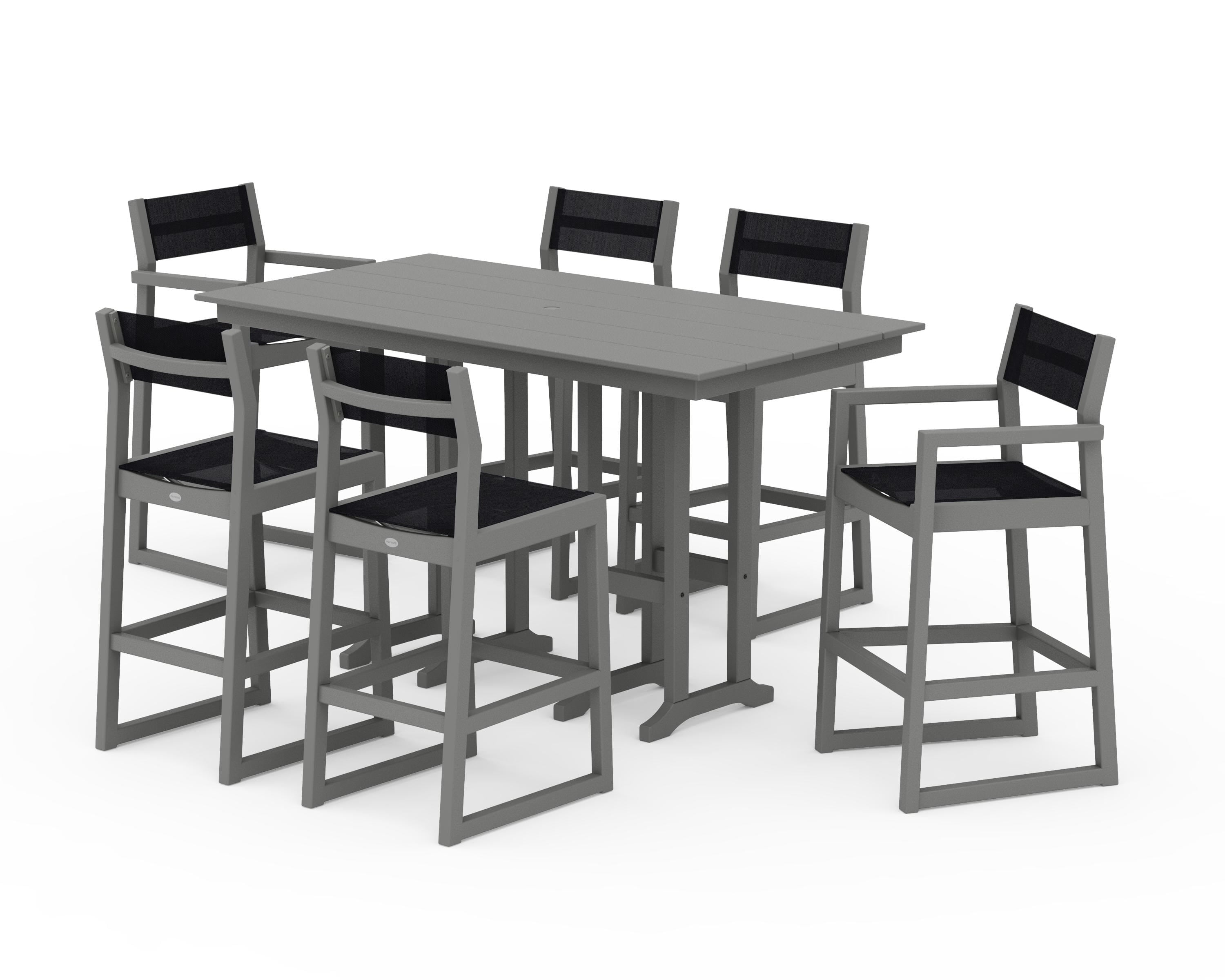 POLYWOOD® EDGE Sling 7-Piece Farmhouse Bar Set in Slate Grey / Black Sling
