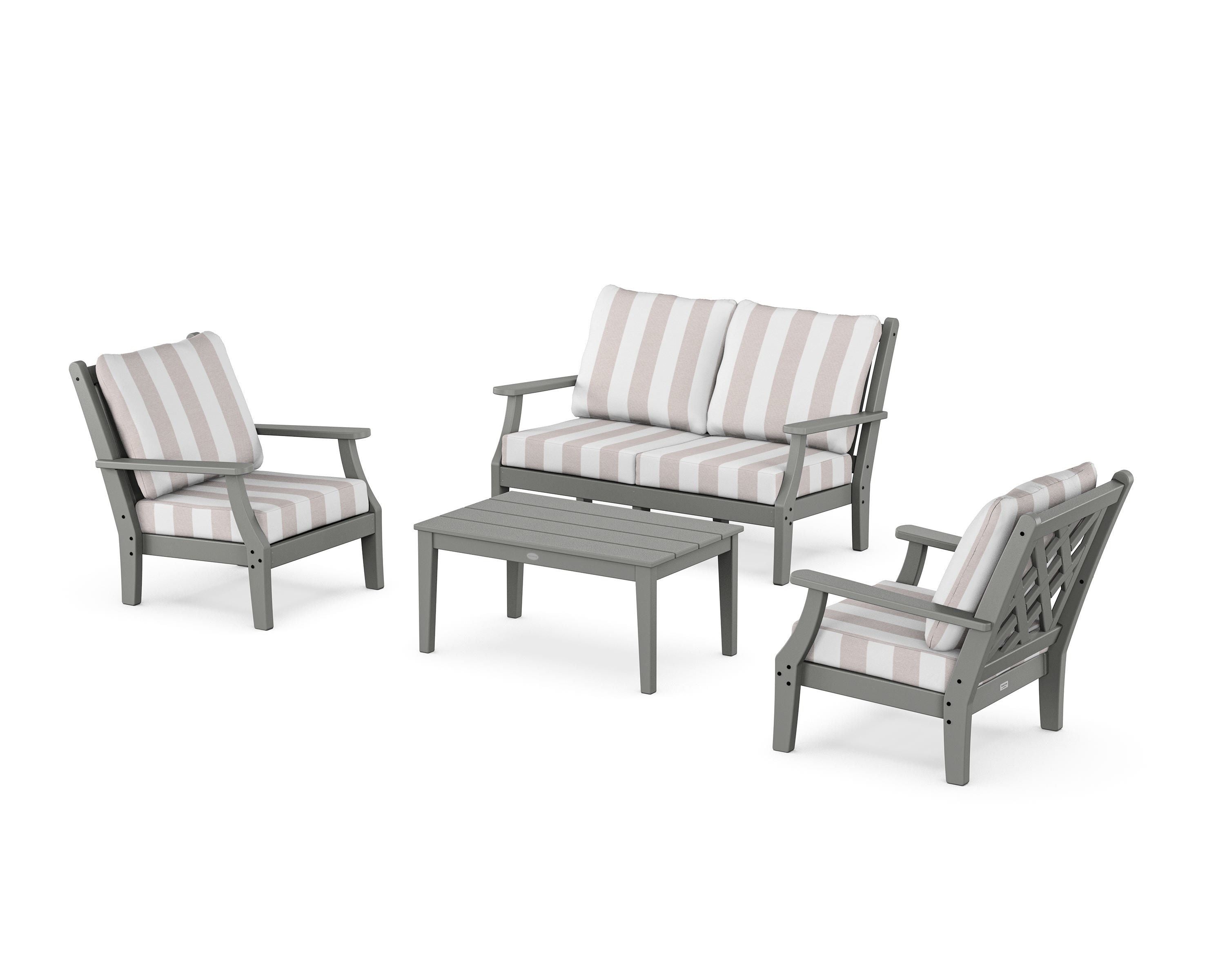 Country Living Wovendale 4-Piece Deep Seating Set with Loveseat in Slate Grey / Cabana Stripe Dune Burlap