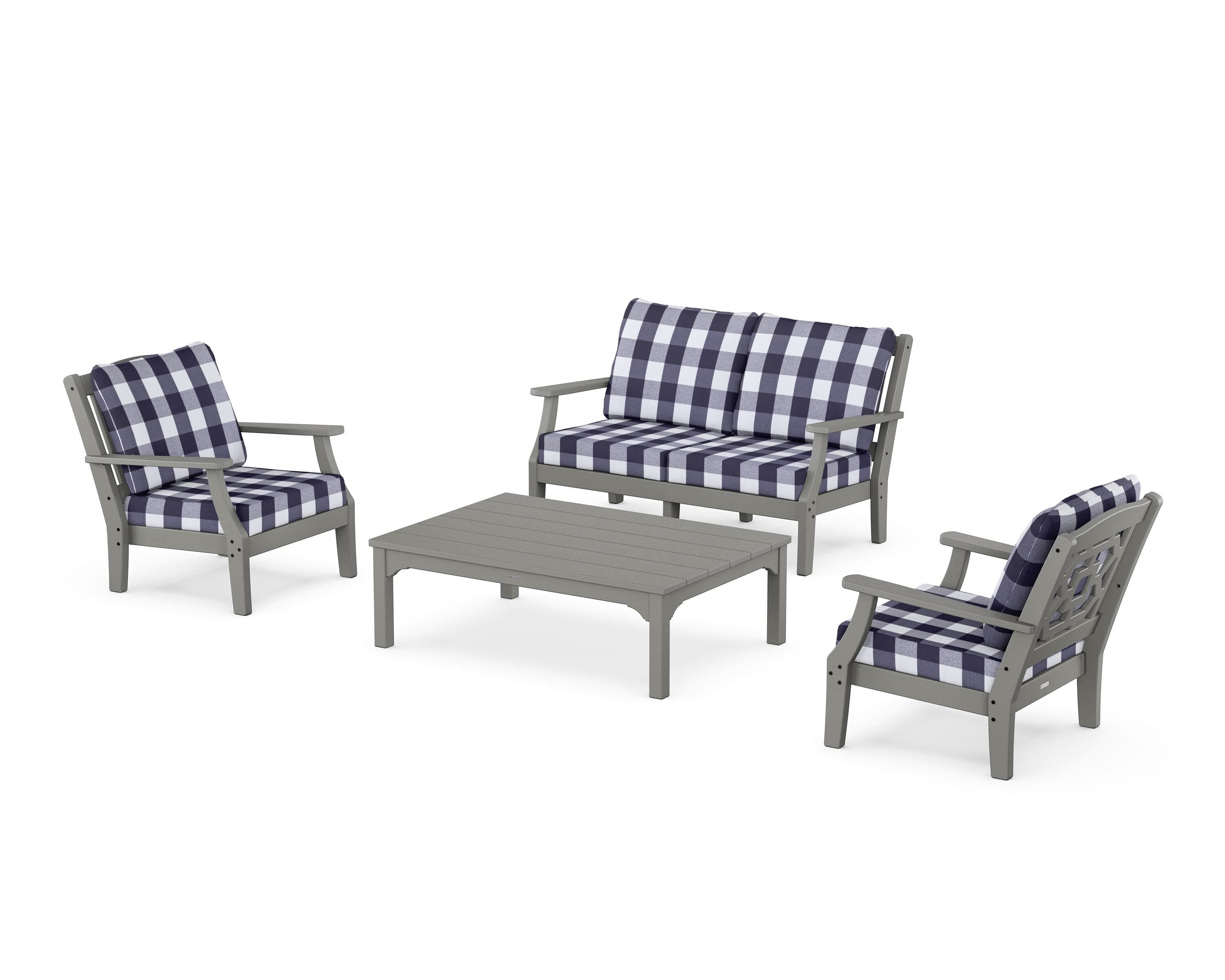 Martha Stewart by POLYWOOD® Chinoiserie 4-Piece Deep Seating Set with Loveseat in Slate Grey / Buffalo Plaid Navy