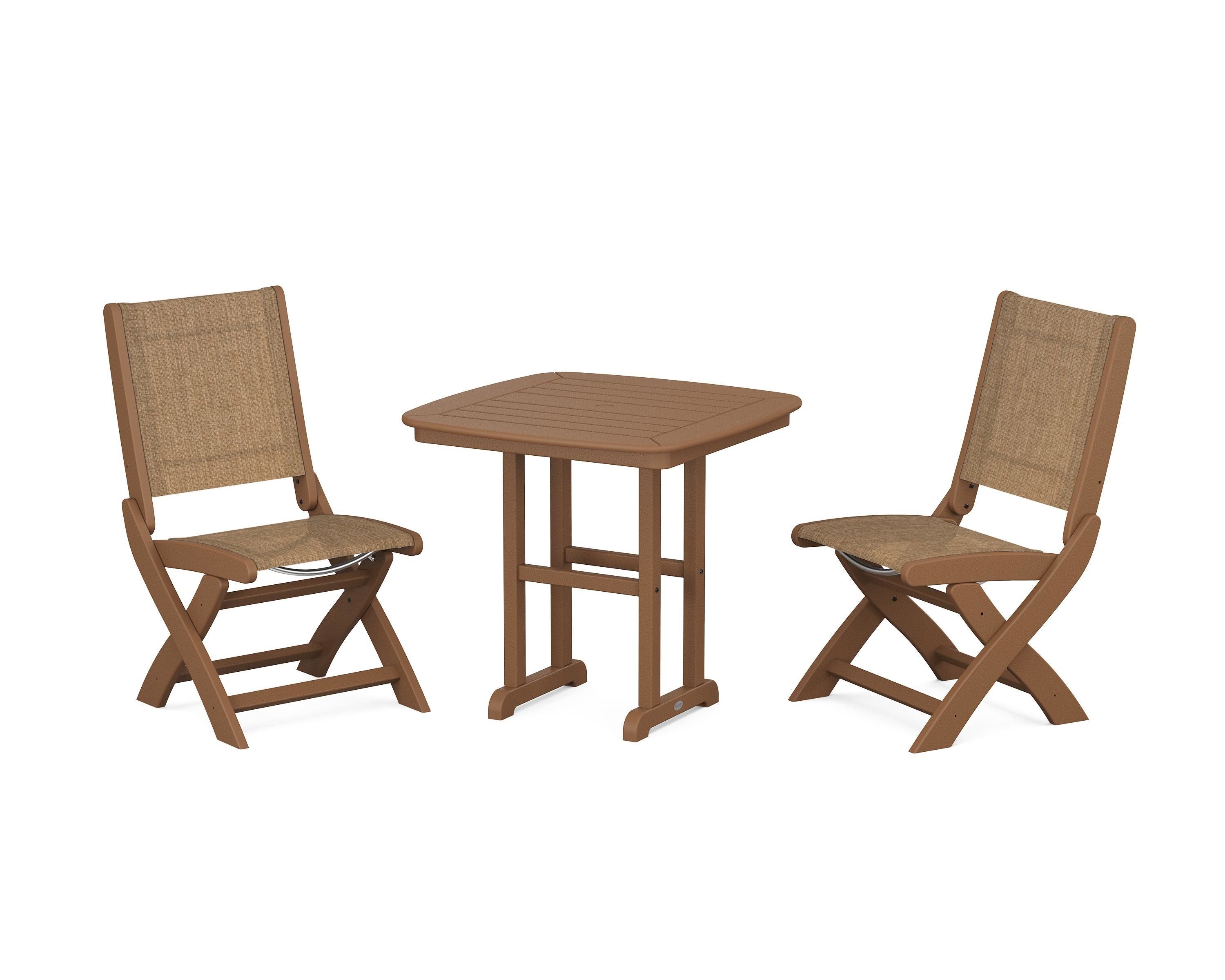 POLYWOOD® Coastal Folding Side Chair 3-Piece Dining Set in Teak / Burlap Sling