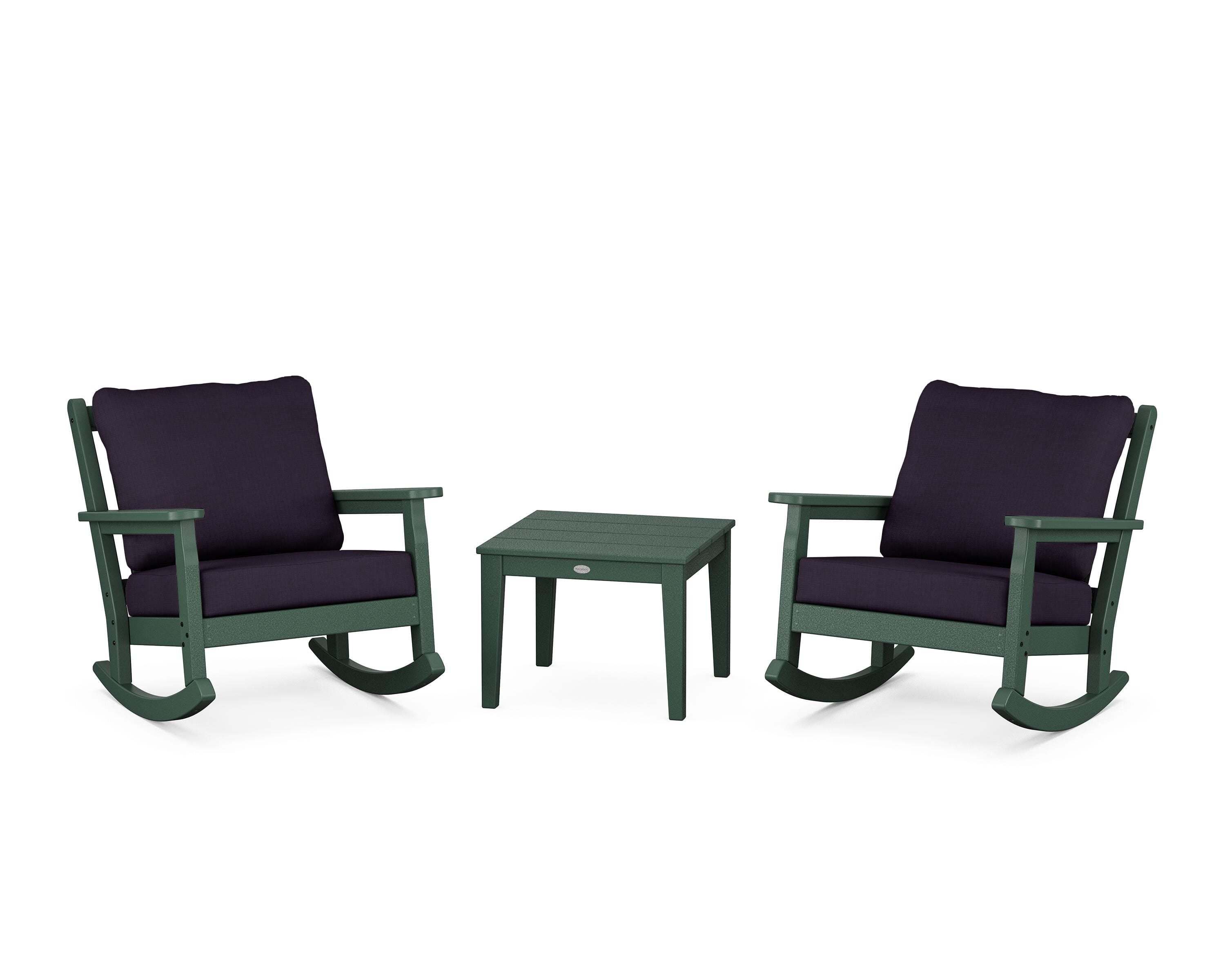 POLYWOOD® Chippendale 3-Piece Deep Seating Rocker Set in Green / Navy Linen