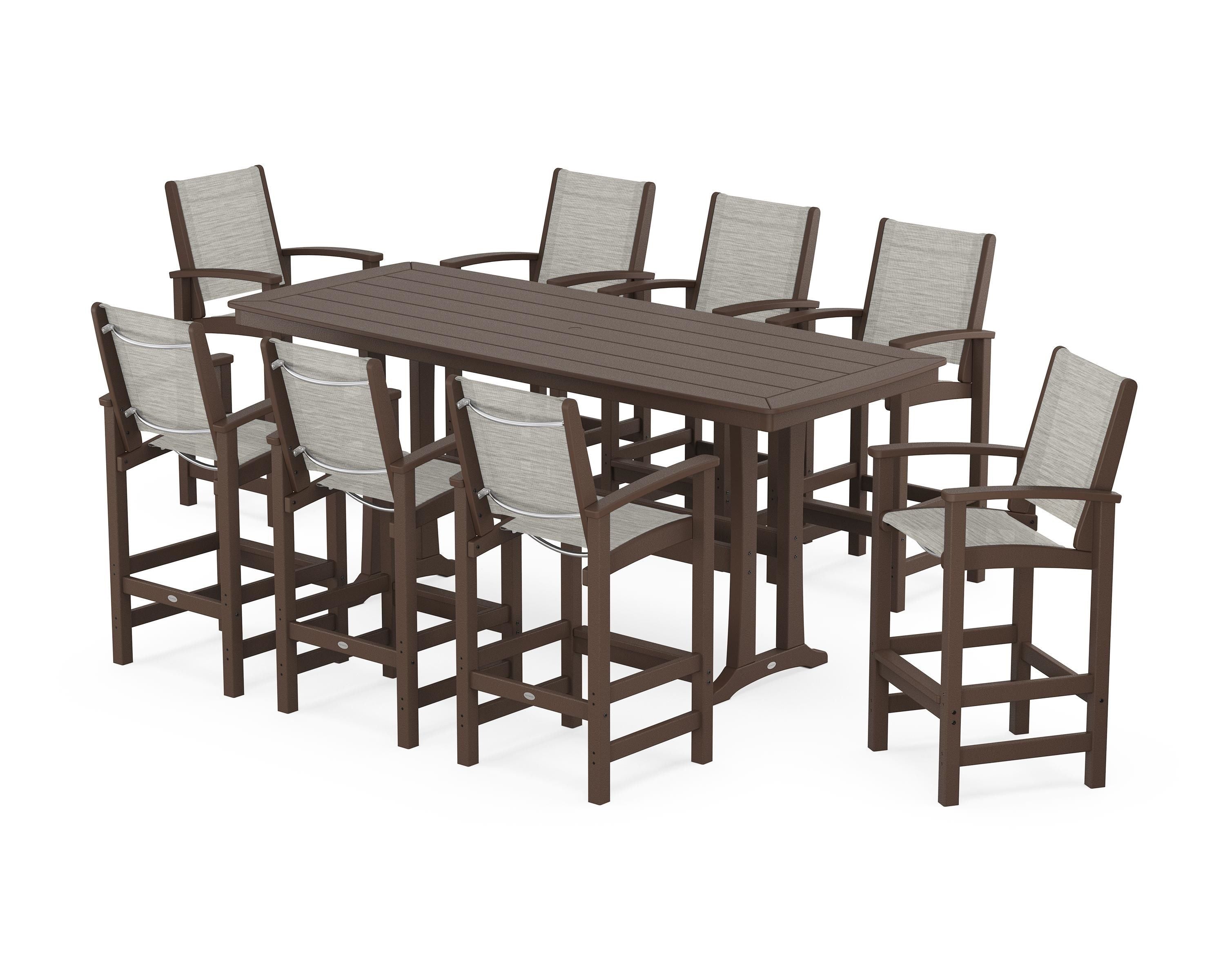 POLYWOOD® Coastal 9-Piece Bar Set with Trestle Legs in Mahogany / Birch Sling