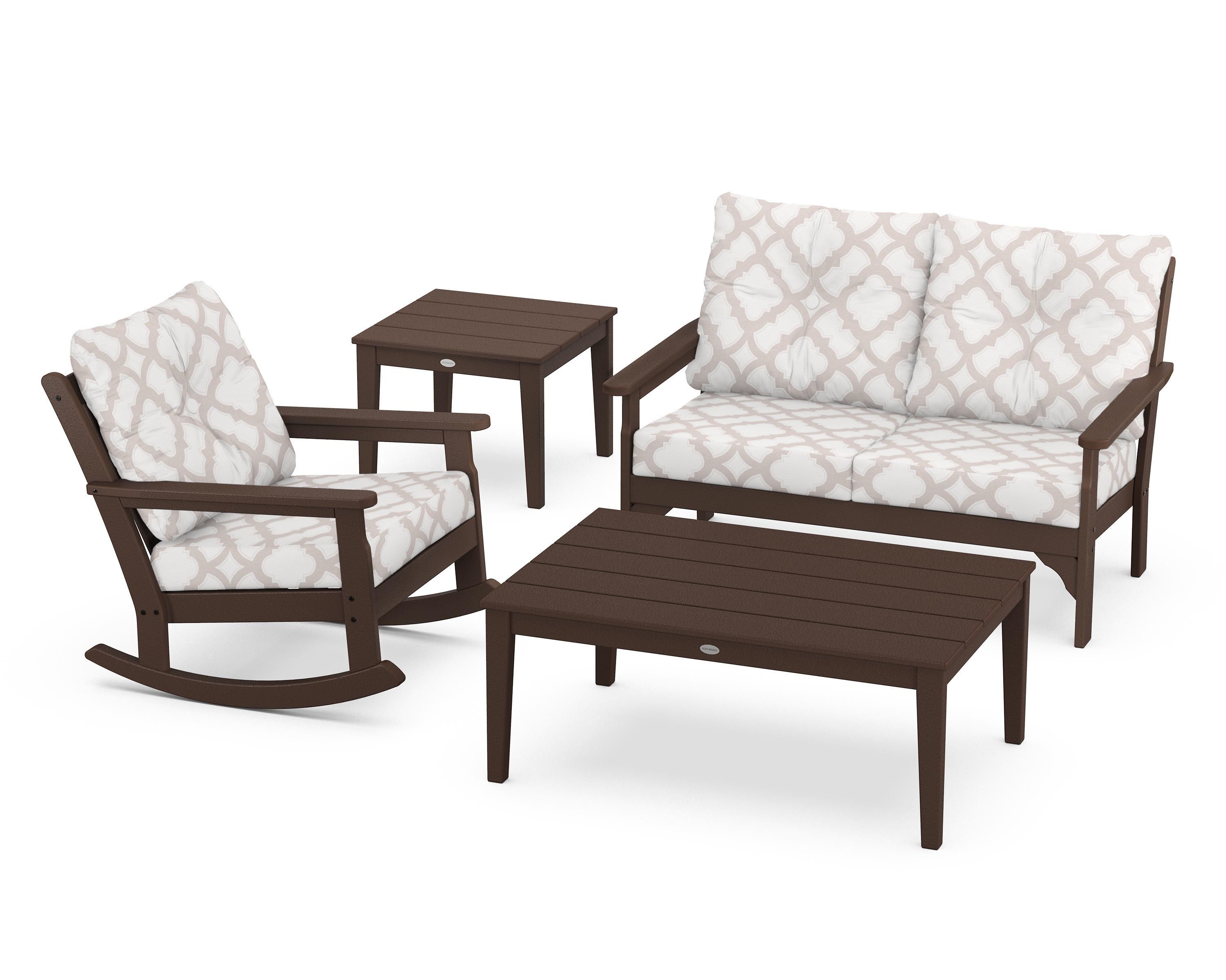 POLYWOOD® Vineyard 4-Piece Deep Seating Rocker Set in Mahogany / Trellis Dune Burlap