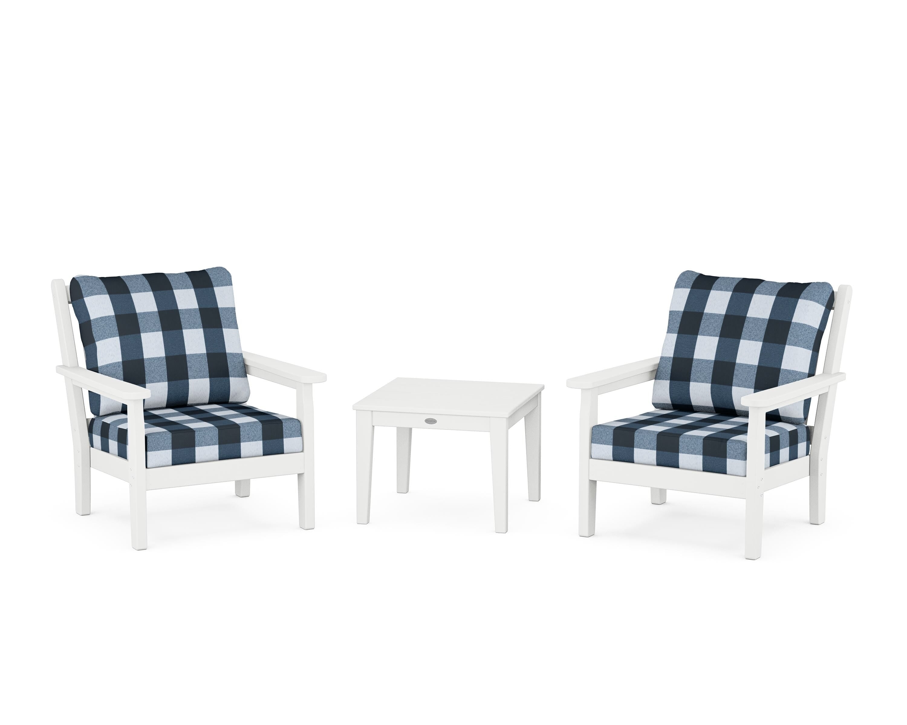 POLYWOOD® Chippendale 3-Piece Deep Seating Set in White / Buffalo Plaid Marine Indigo