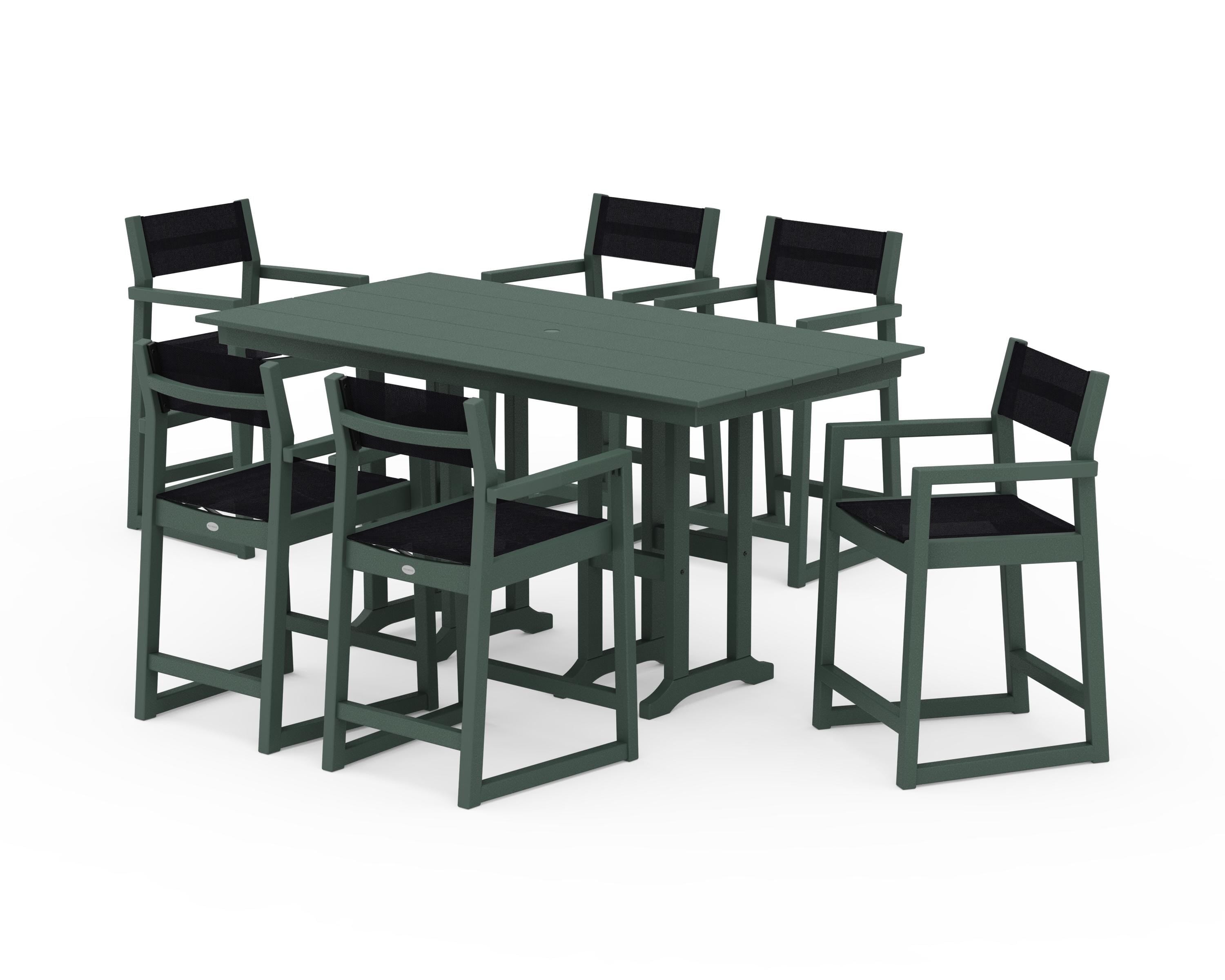 POLYWOOD® EDGE Sling Arm Chair 7-Piece Farmhouse Counter Set in Green / Black Sling