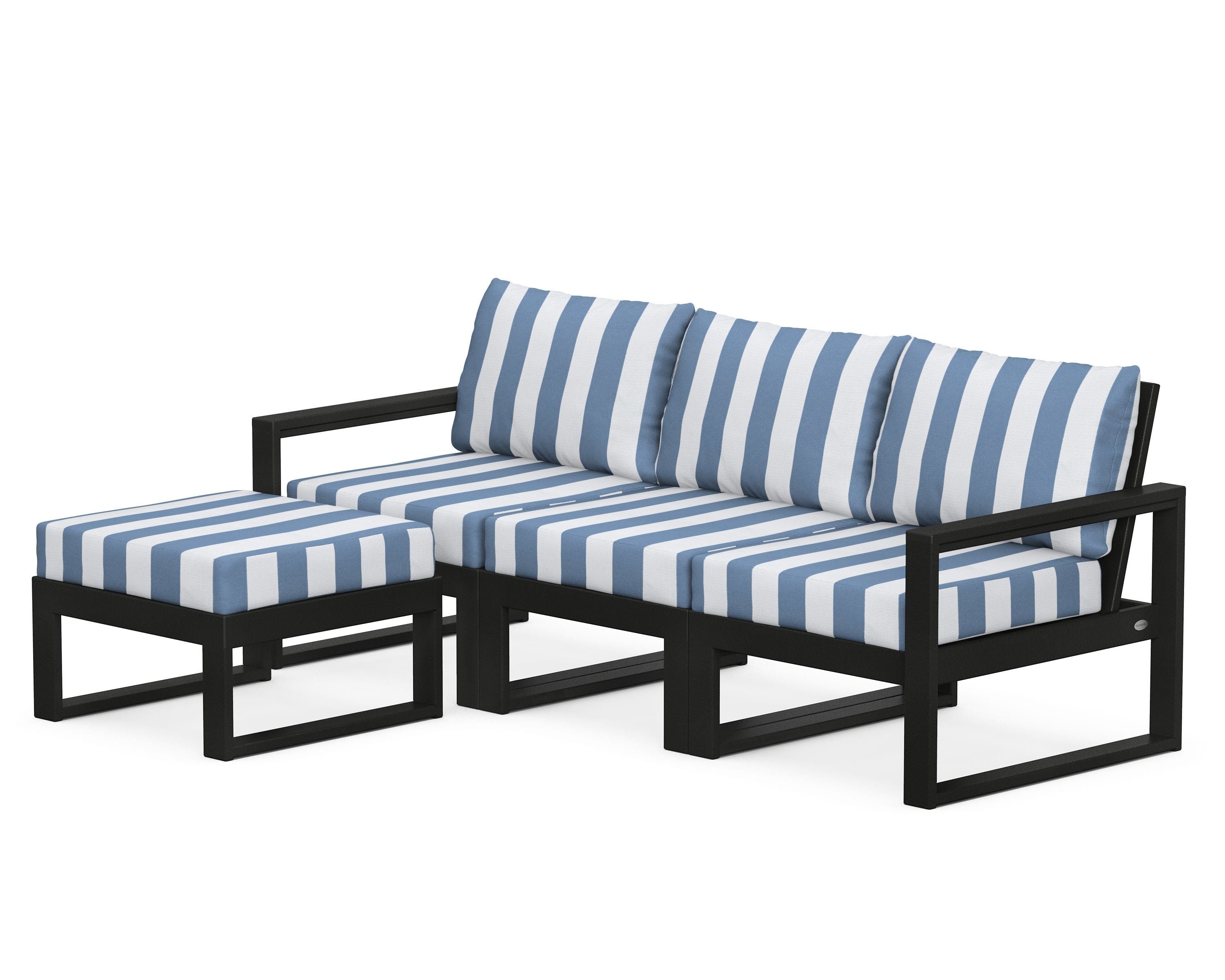 POLYWOOD® EDGE 4-Piece Modular Deep Seating Set with Ottoman in Black / Cabana Stripe Sky Blue