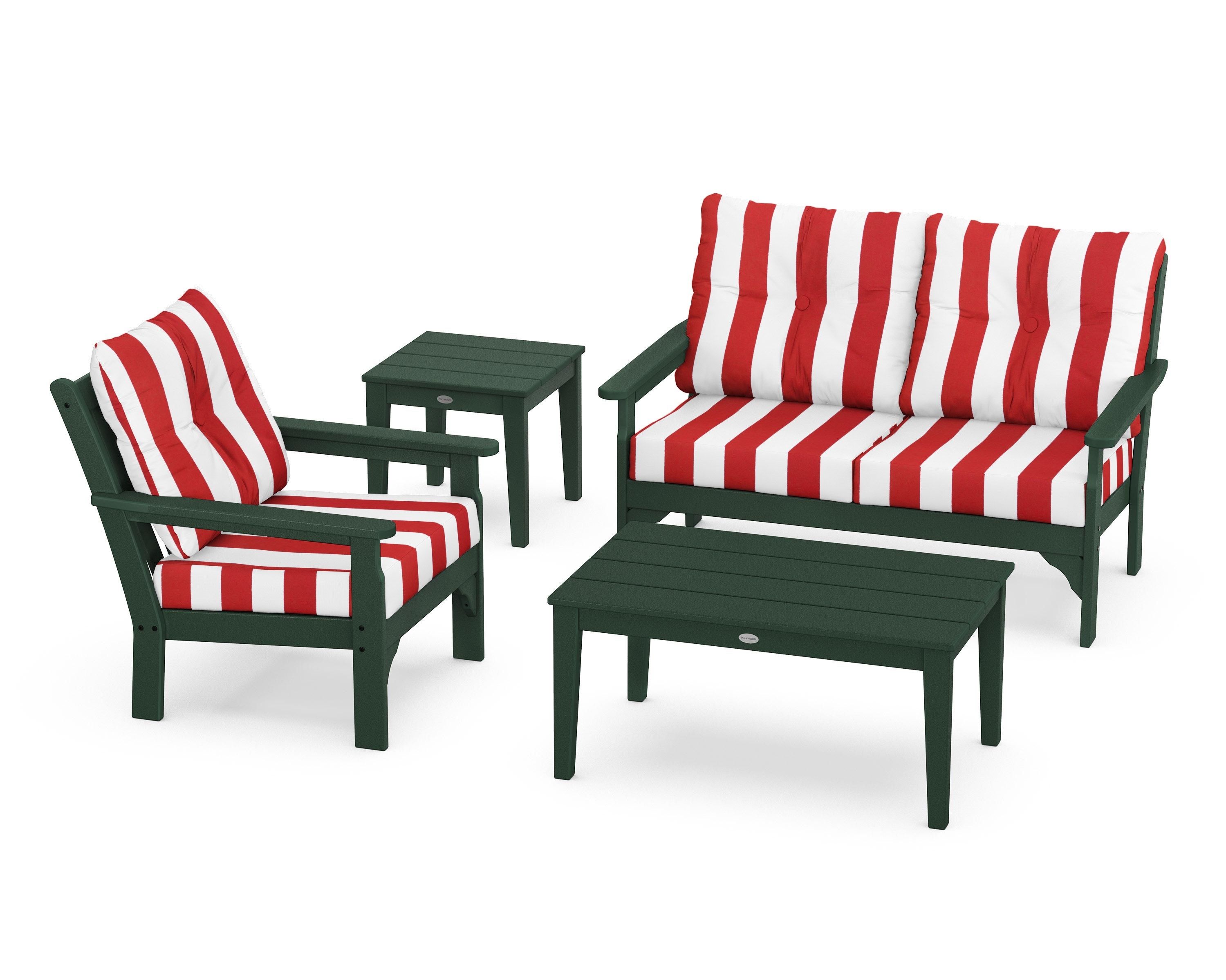 POLYWOOD® Vineyard 4-Piece Deep Seating Set in Green / Cabana Stripe Crimson