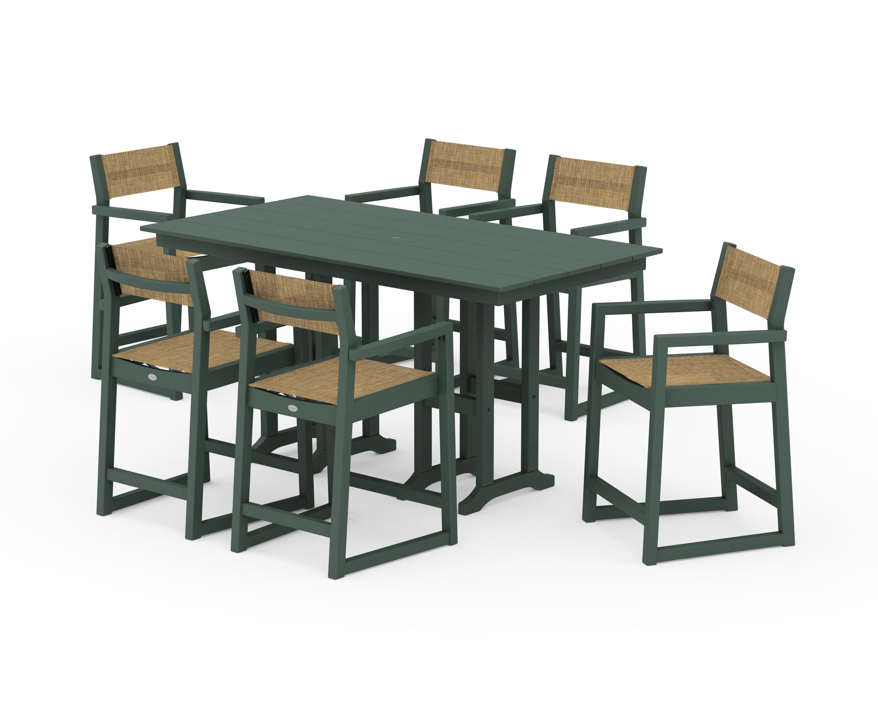 POLYWOOD® EDGE Sling Arm Chair 7-Piece Farmhouse Counter Set in Green / Burlap Sling