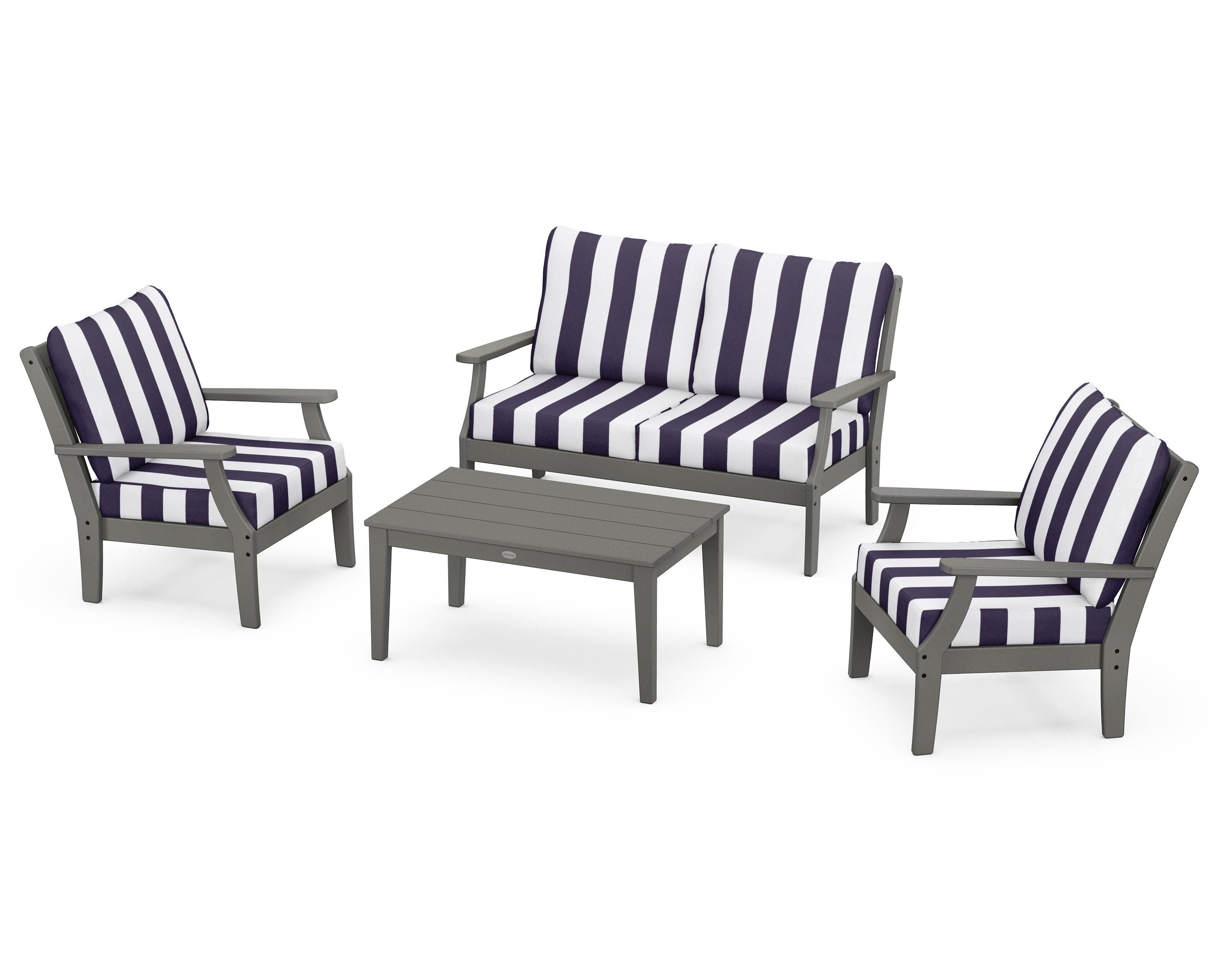 POLYWOOD® Braxton 4-Piece Deep Seating Chair Set in Slate Grey / Cabana Stripe Navy