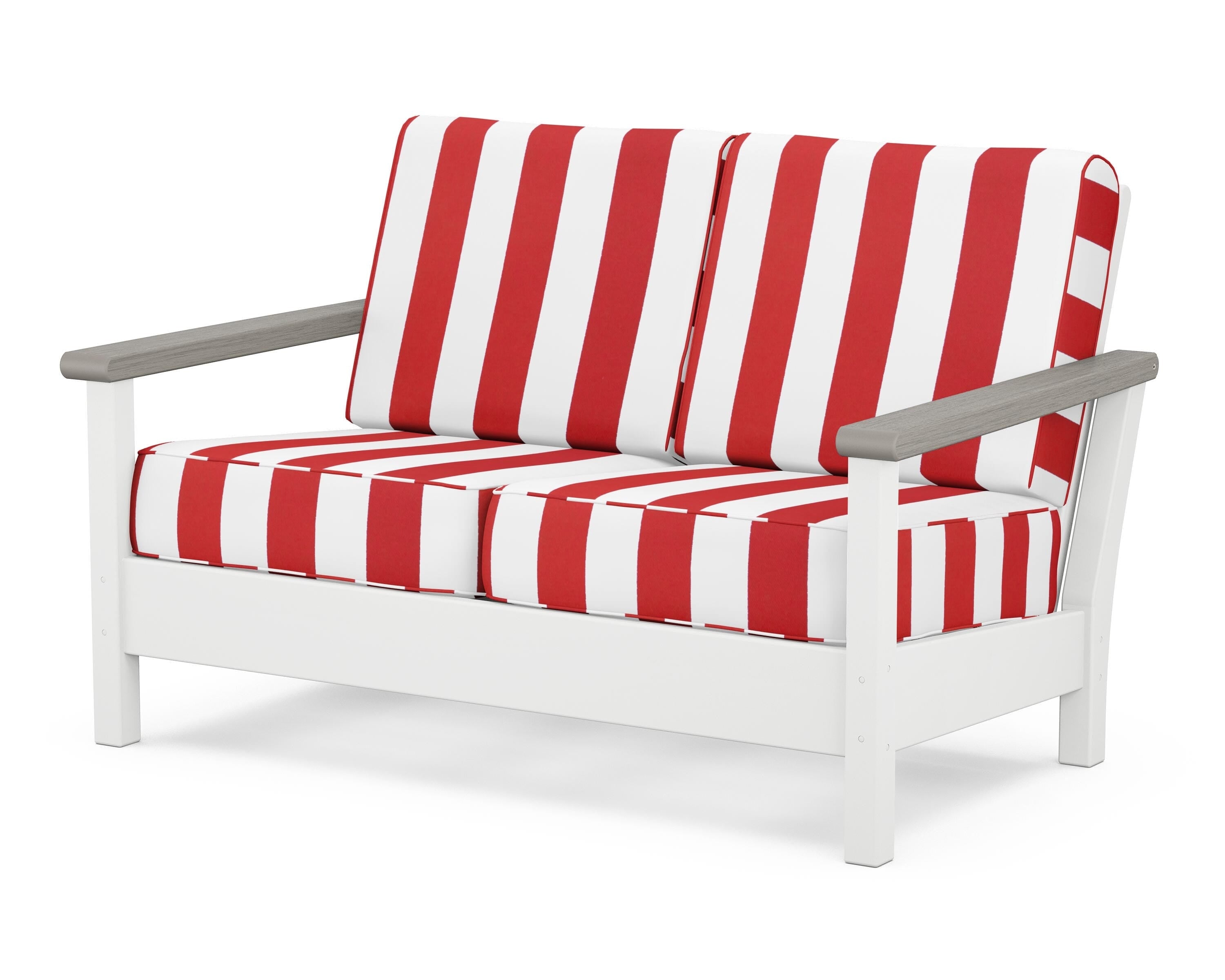 POLYWOOD® Harbour Deep Seating Loveseat in White / Driftwood / Cabana Stripe Crimson