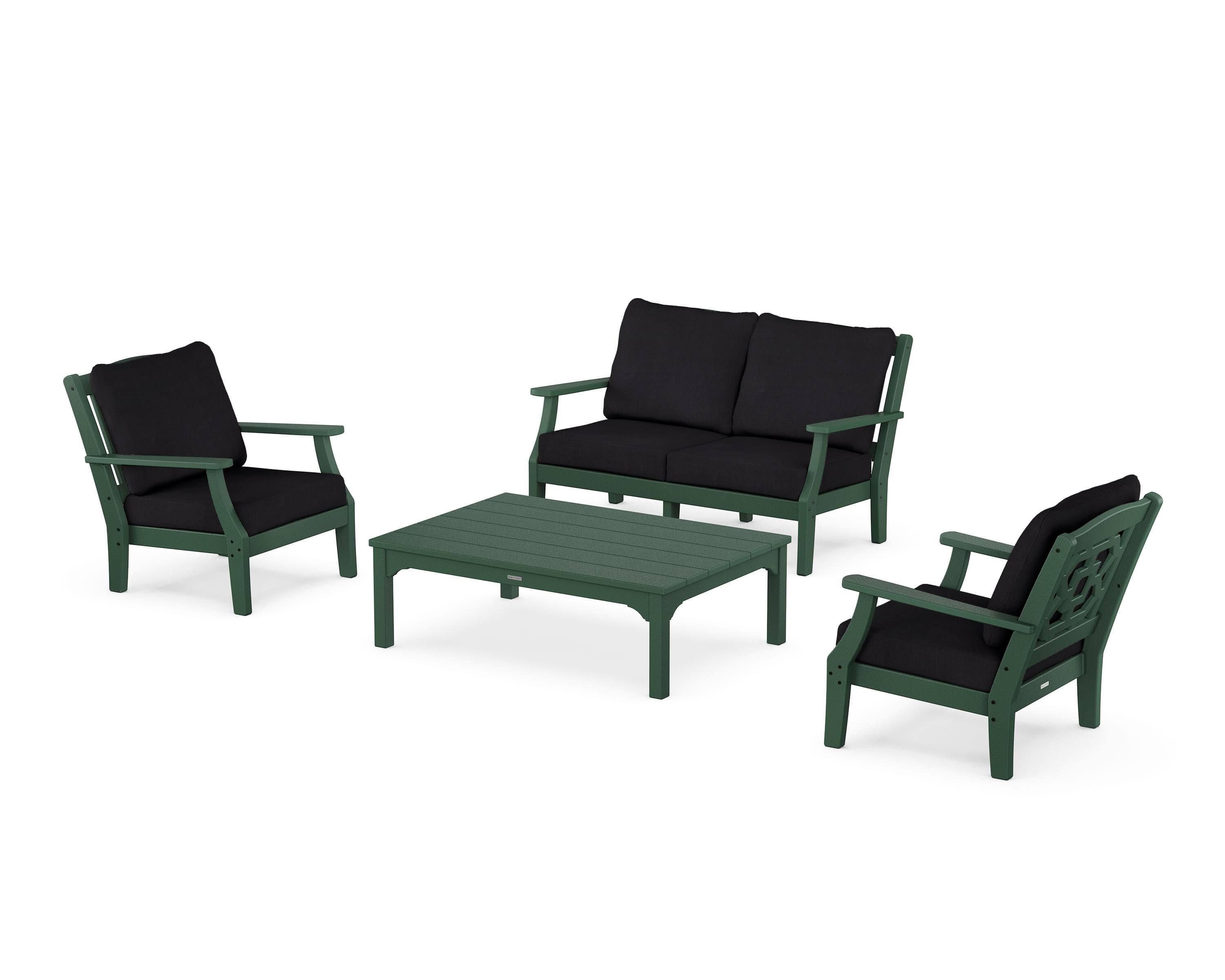 Martha Stewart by POLYWOOD® Chinoiserie 4-Piece Deep Seating Set with Loveseat in Green / Midnight Linen