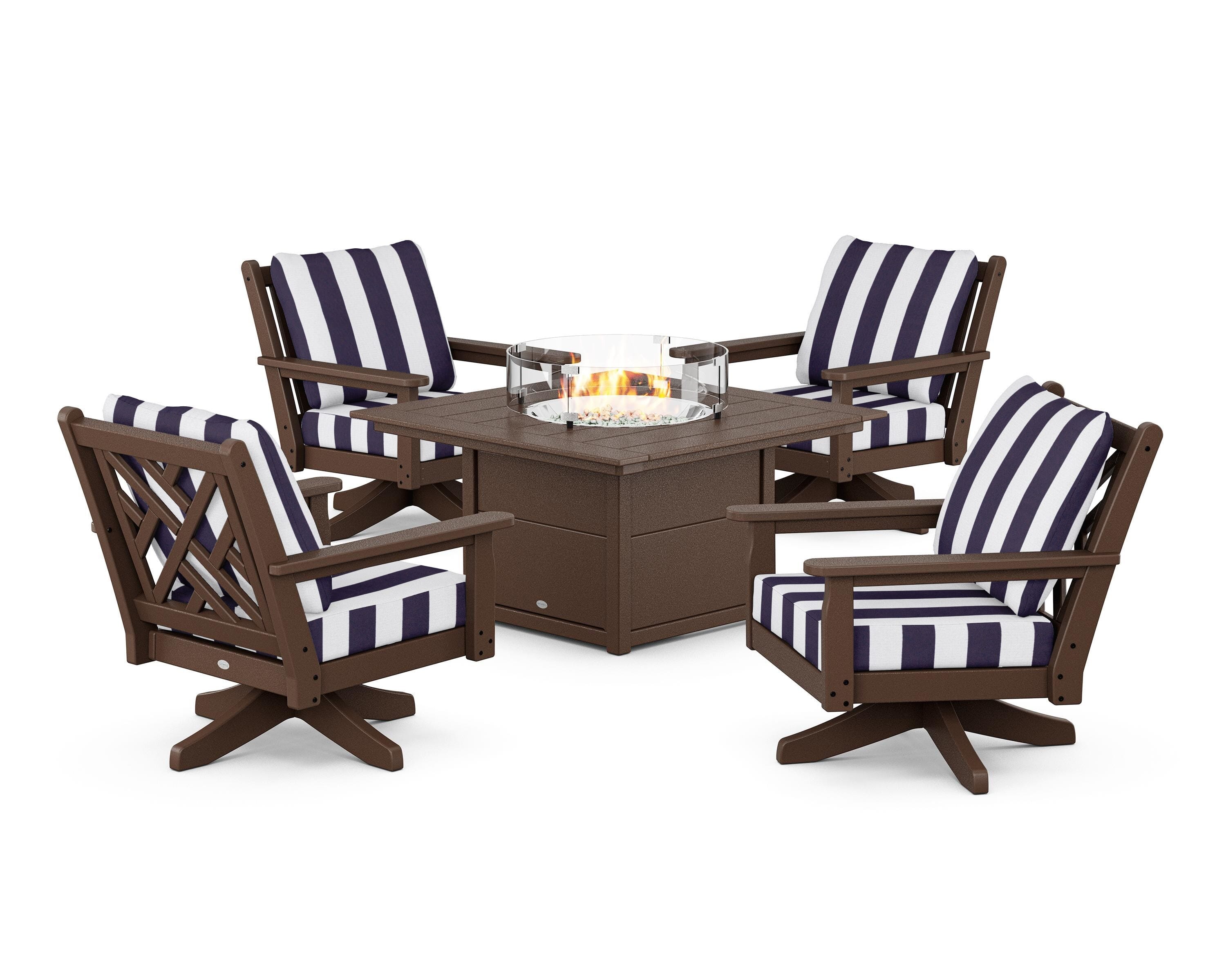 POLYWOOD® Chippendale 5-Piece Deep Seating Swivel Conversation Set with Fire Pit Table in Mahogany / Cabana Stripe Navy