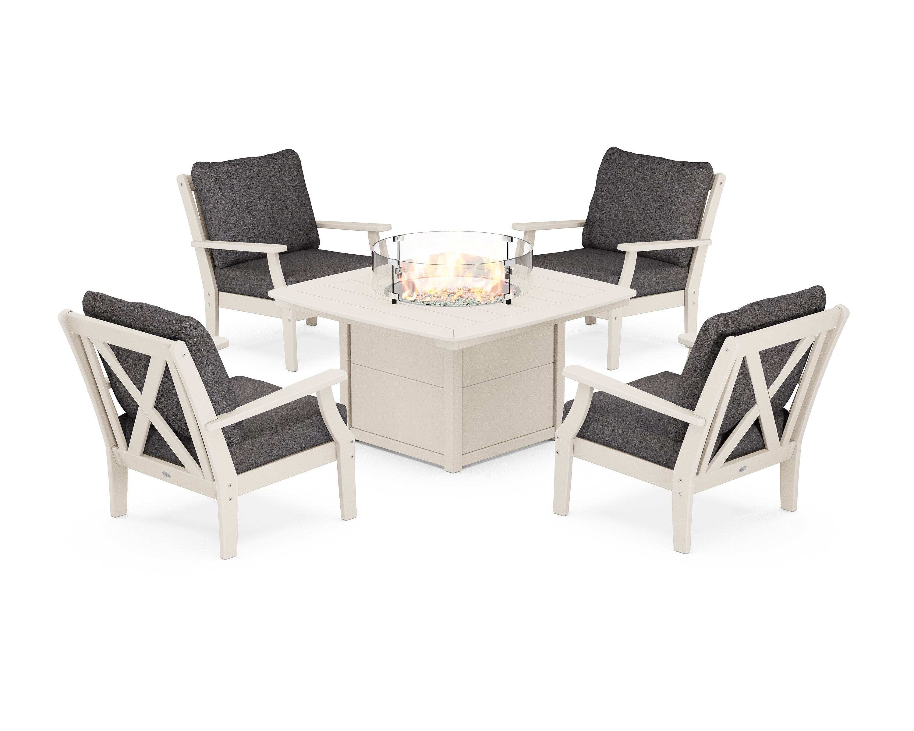 POLYWOOD® Braxton 5-Piece Deep Seating Conversation Set with Fire Pit Table in Sand / Ash Charcoal