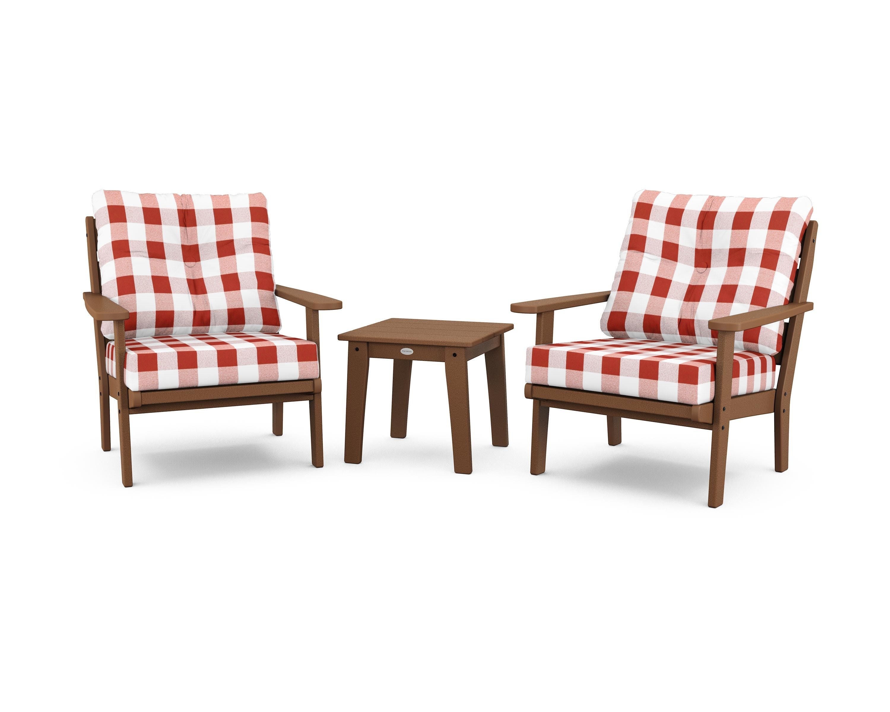 POLYWOOD® Lakeside 3-Piece Deep Seating Chair Set in Teak / Buffalo Plaid Crimson