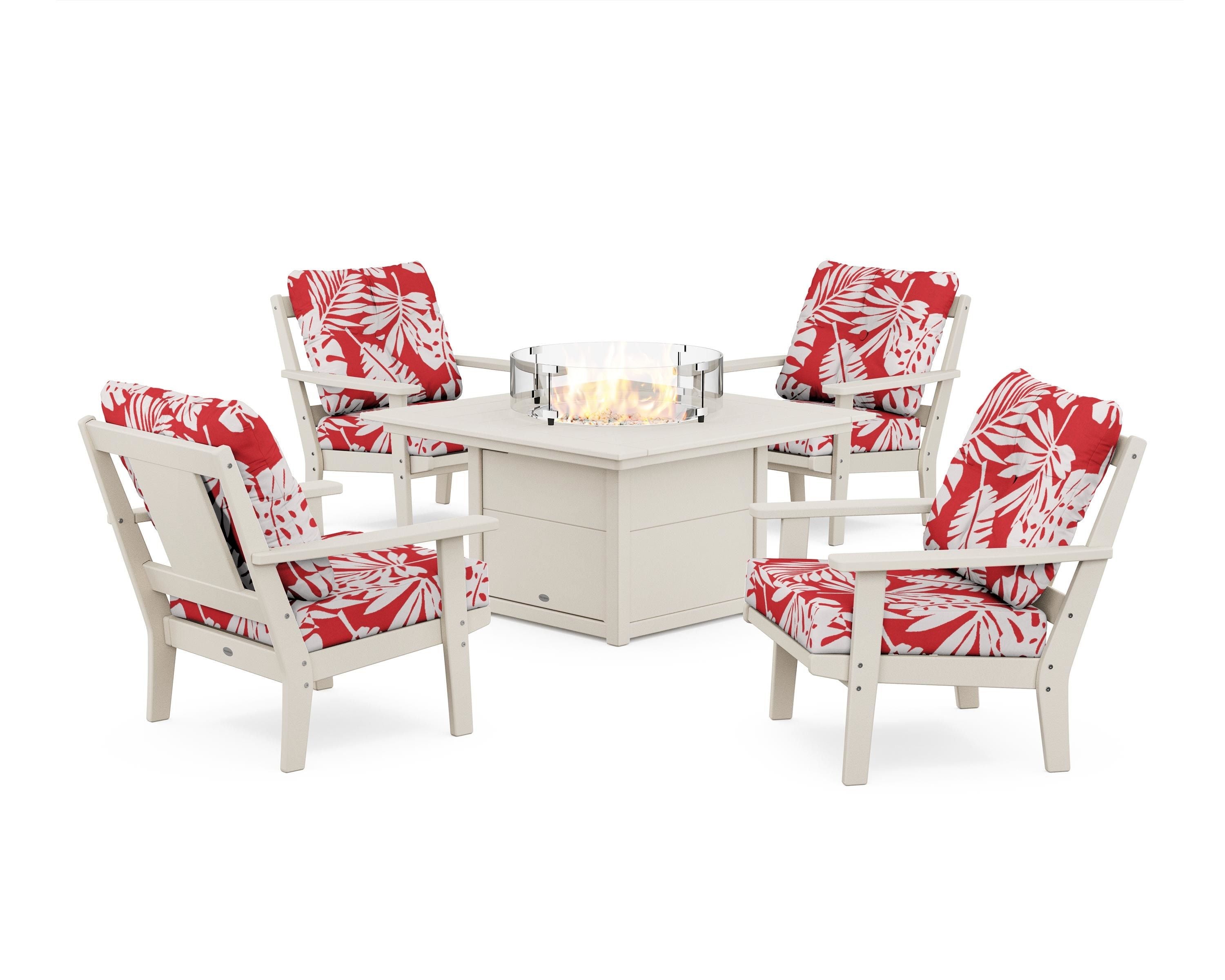 POLYWOOD® Prairie 5-Piece Deep Seating Set with Fire Pit Table in Sand / Leaf Crimson