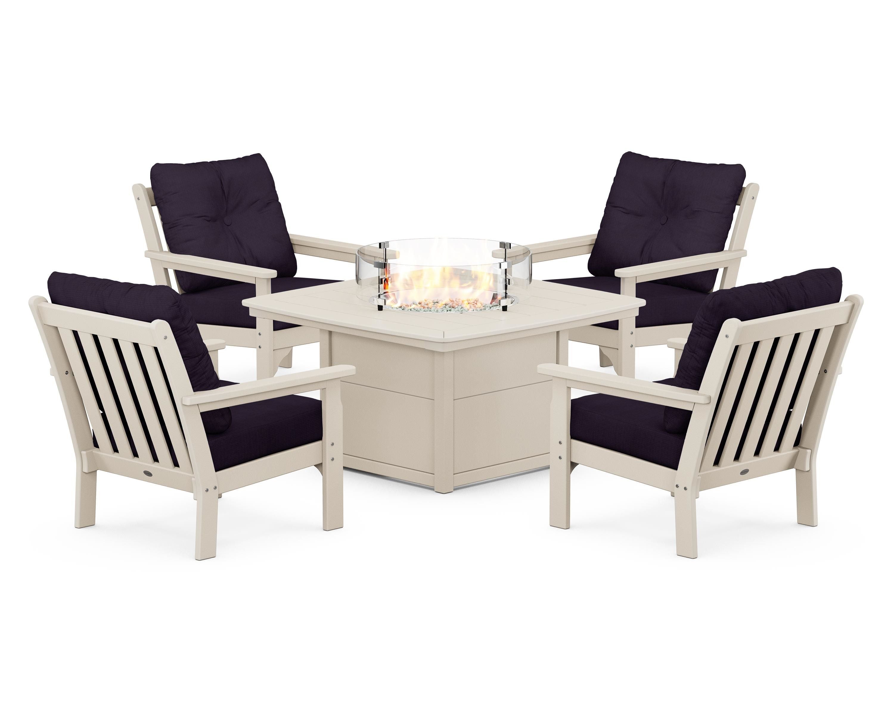 POLYWOOD® Vineyard 5-Piece Conversation Set with Fire Pit Table in Sand / Navy Linen