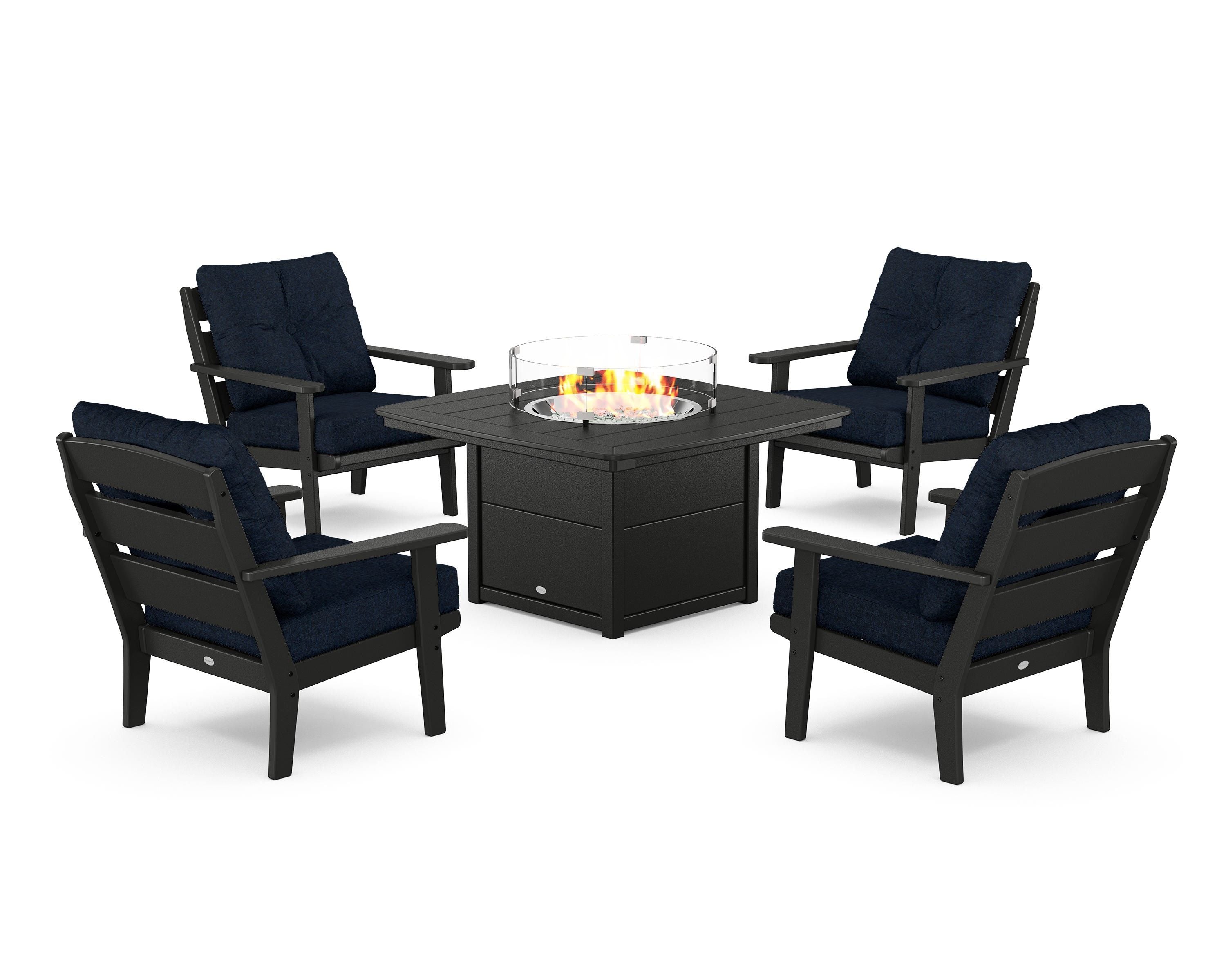 POLYWOOD® Lakeside 5-Piece Deep Seating Set with Nautical Fire Pit Table in Black / Marine Indigo