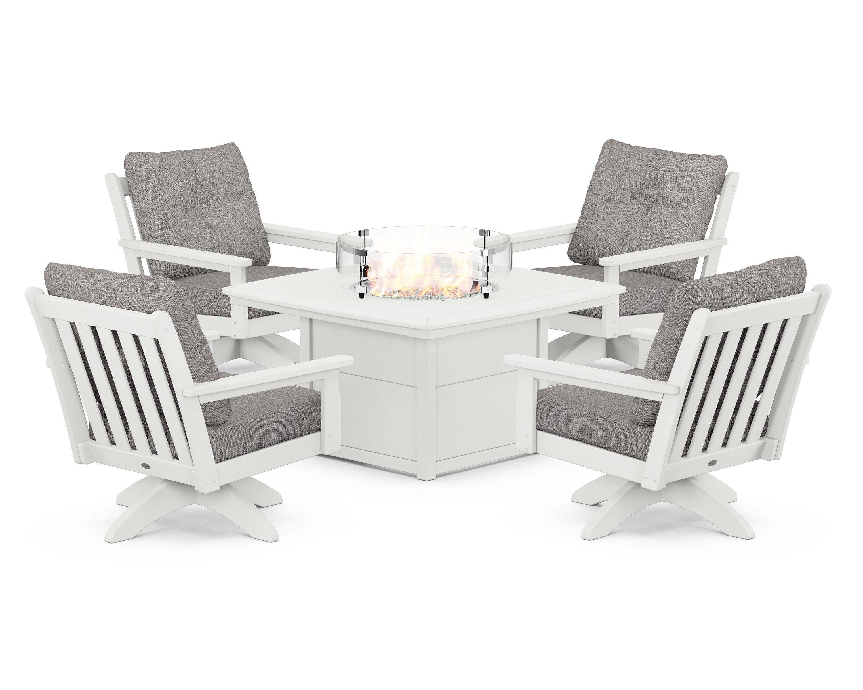 POLYWOOD® Vineyard 5-Piece Deep Seating Swivel Conversation Set with Fire Pit Table in White / Grey Mist