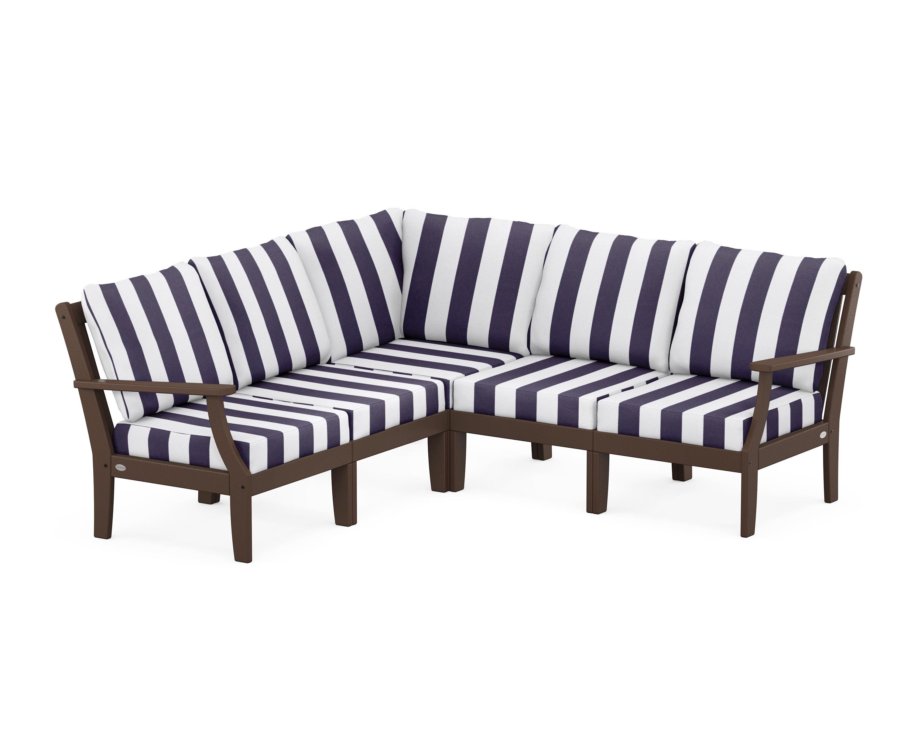 POLYWOOD® Braxton Modular 5-Piece Deep Seating Set in Mahogany / Cabana Stripe Navy