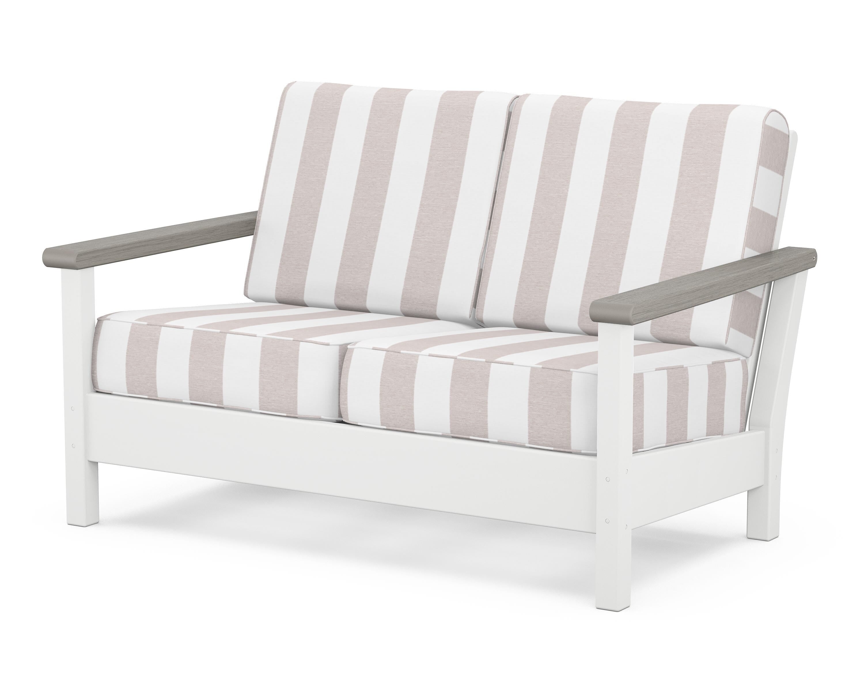 POLYWOOD® Harbour Deep Seating Loveseat in White / Driftwood / Cabana Stripe Dune Burlap