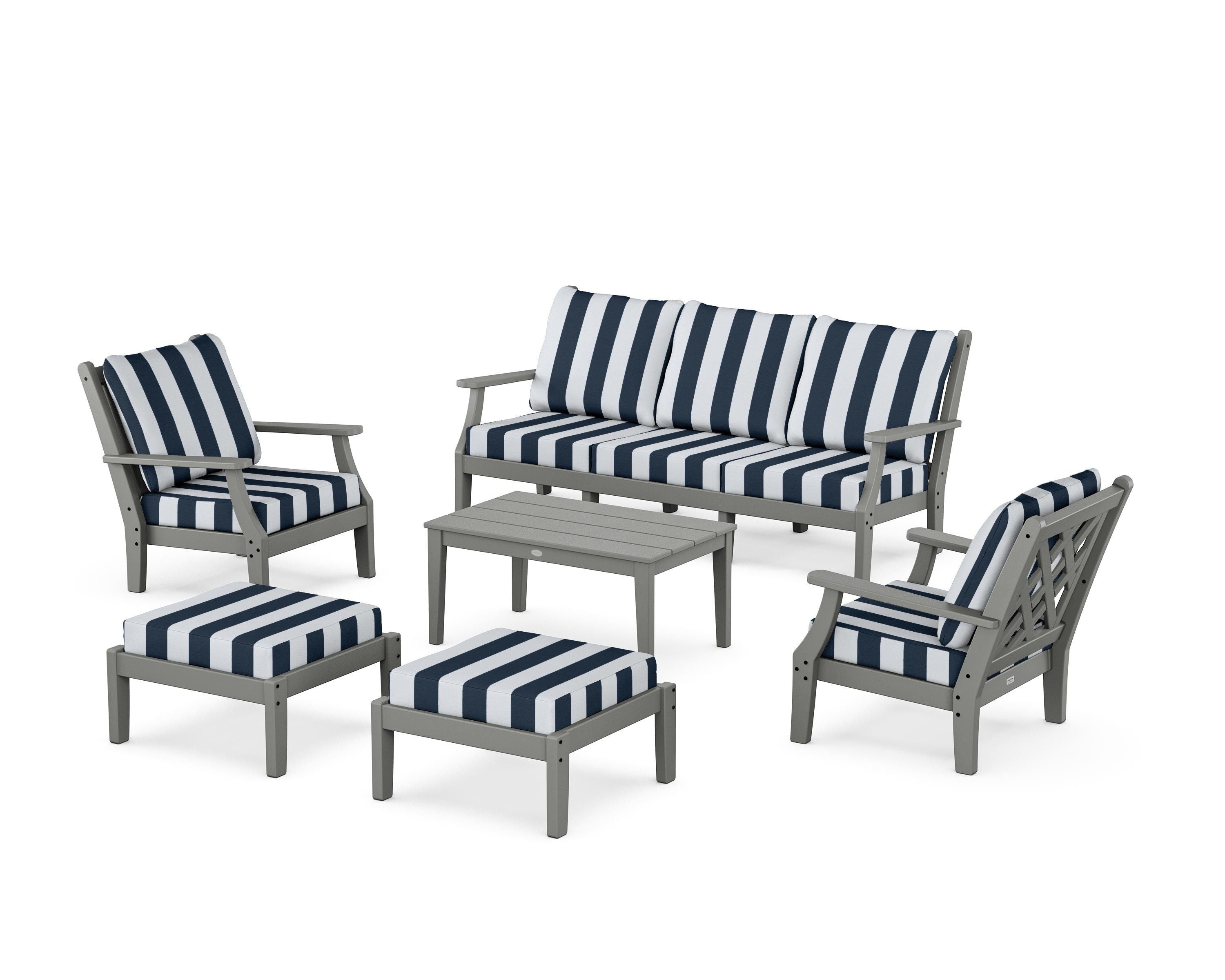 Country Living Wovendale 6-Piece Lounge Sofa Set in Slate Grey / Cabana Stripe Marine Indigo