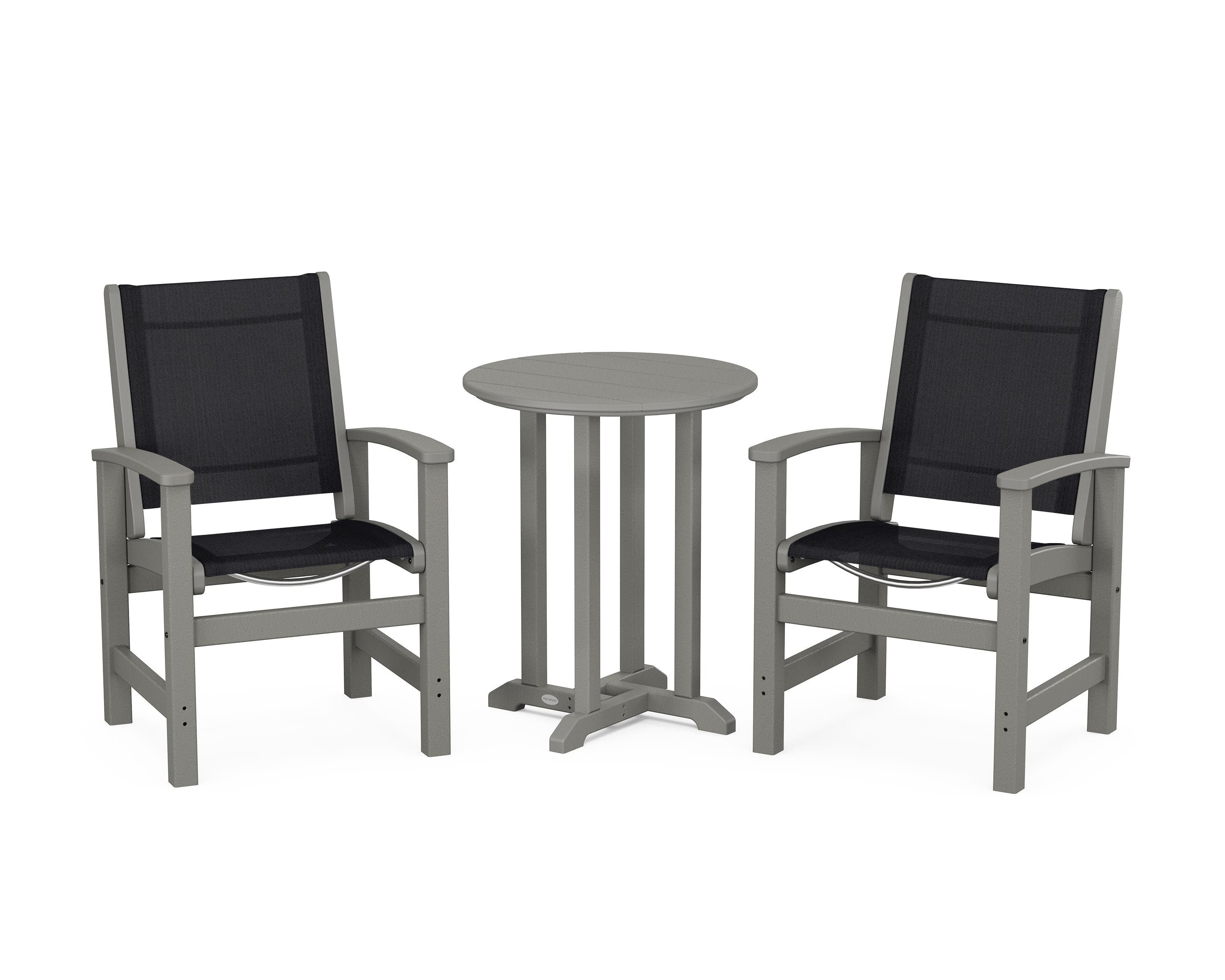 POLYWOOD® Coastal 3-Piece Round Bistro Dining Set in Slate Grey / Black Sling