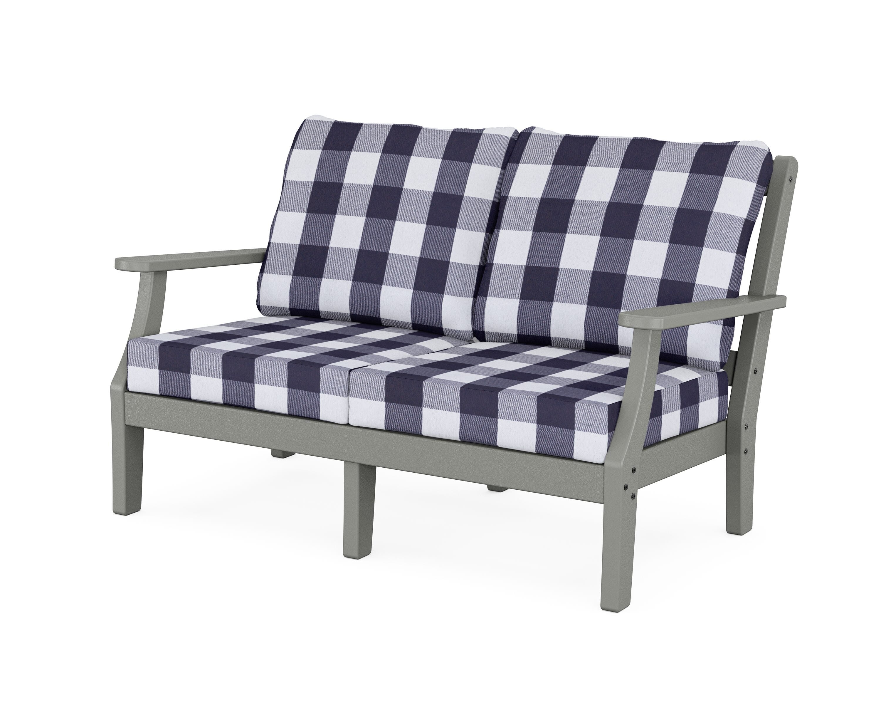Martha Stewart by POLYWOOD® Chinoiserie Deep Seating Loveseat in Slate Grey / Buffalo Plaid Navy