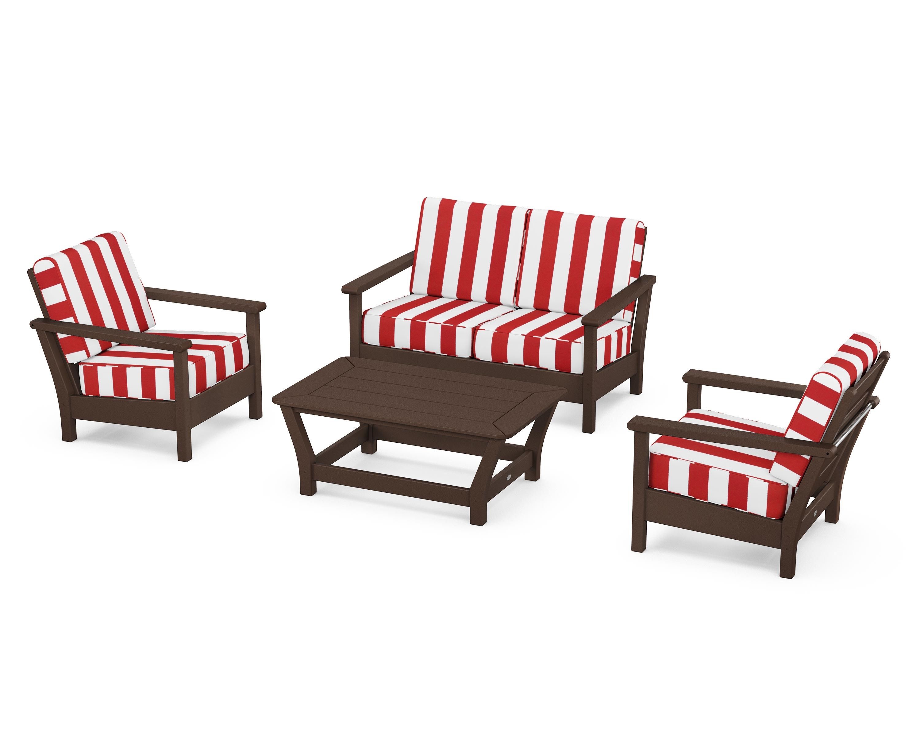POLYWOOD® Harbour 4-Piece Deep Seating Set in Mahogany / Cabana Stripe Crimson